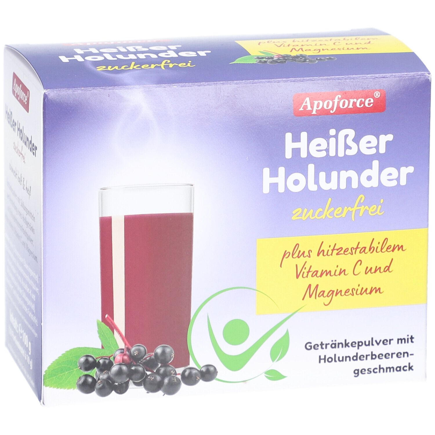 Verpackung von Apoforce Heißer Holunder zuckerfrei. Getränkepulver mit Holunderbeerengeschmack, Vitamin C und Magnesium.