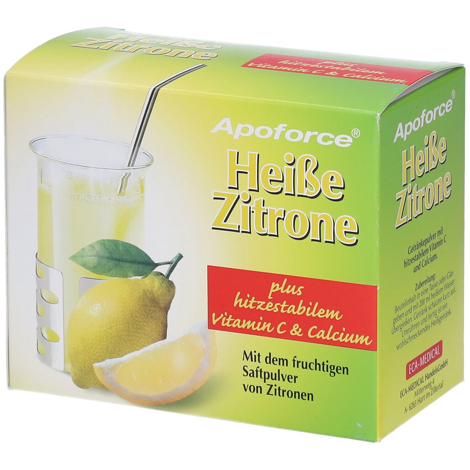 Grüne Schachtel mit "Apoforce Heiße Zitrone". Abbildung einer Zitrone und eines Getränks. Enthält Vitamin C & Calcium.