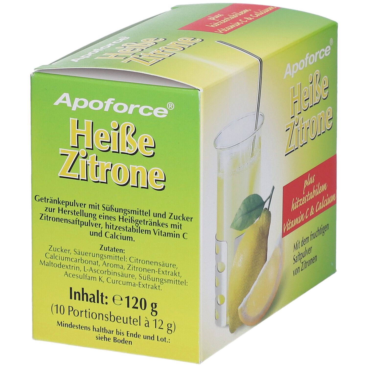Grüne Schachtel "Apoforce Heiße Zitrone". Enthält Getränkepulver mit Süßungsmittel und Zucker. 120g, 10 Portionen.