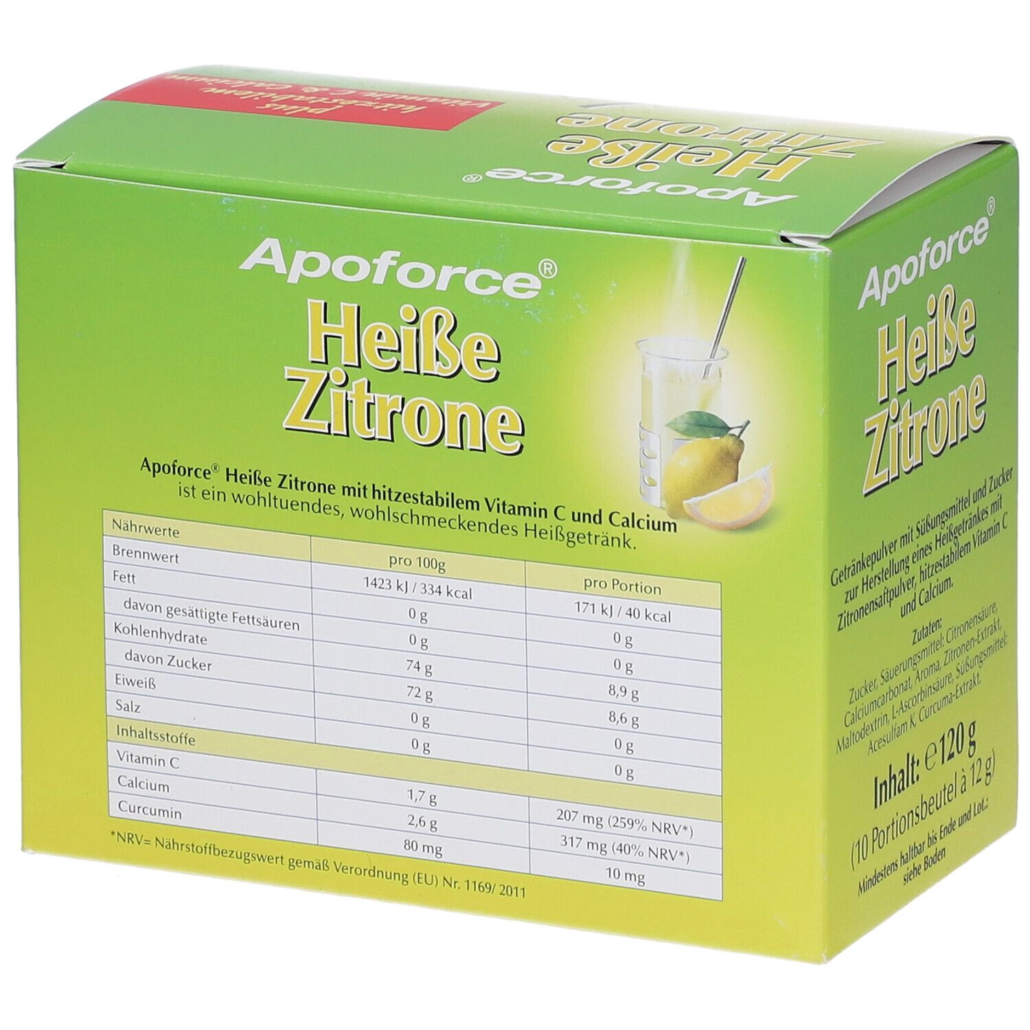 Grüne Schachtel "Apoforce Heiße Zitrone". Nährwerttabelle. Enthält Vitamin C und Calcium. 120g.
