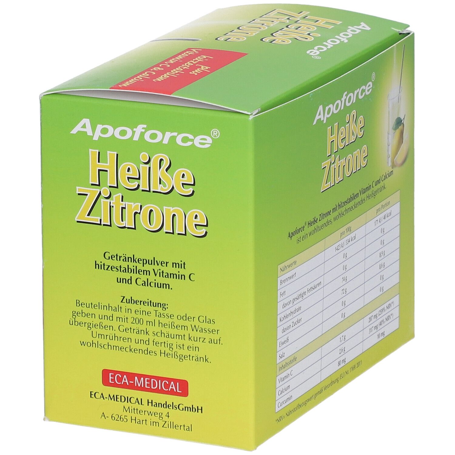 Grüne Schachtel "Apoforce Heiße Zitrone". Enthält Getränkepulver mit Vitamin C und Calcium. ECA-MEDICAL.