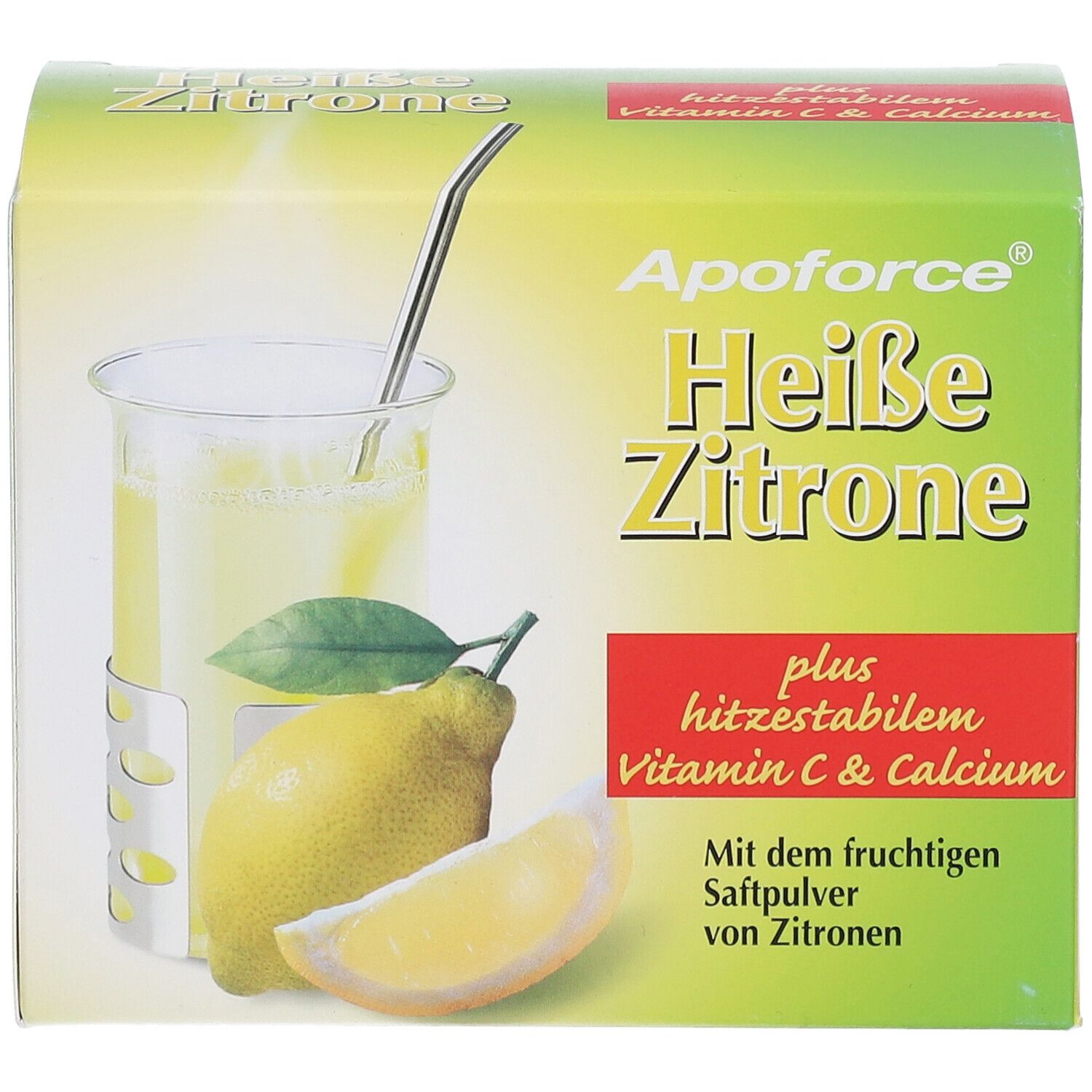 Grüne Schachtel "Apoforce Heiße Zitrone". Abbildung einer Zitrone und eines Getränks. Enthält Vitamin C & Calcium.