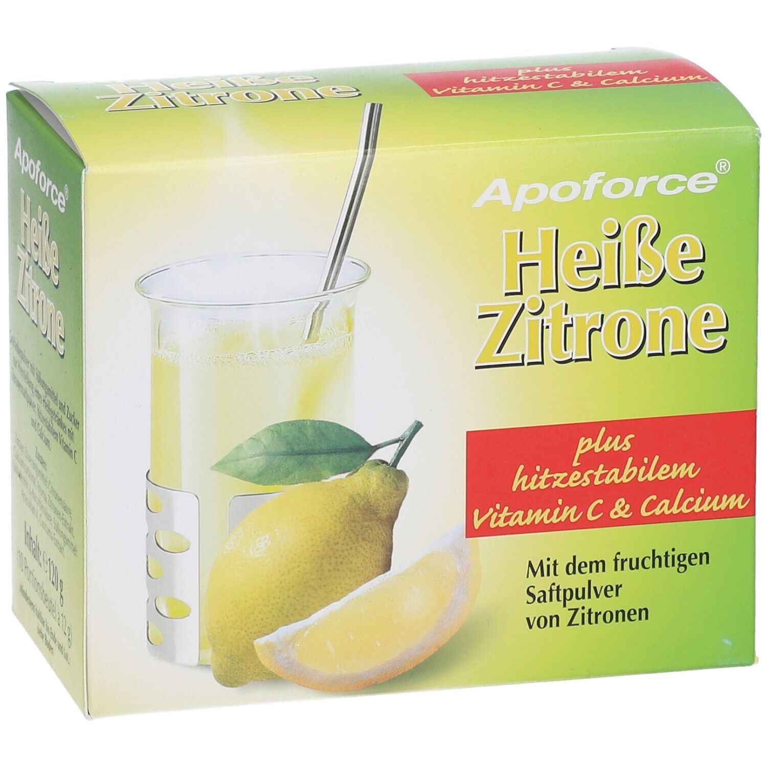 Grüne Schachtel "Apoforce Heiße Zitrone". Abbildung einer Zitrone und eines Getränks. Enthält Vitamin C & Calcium.