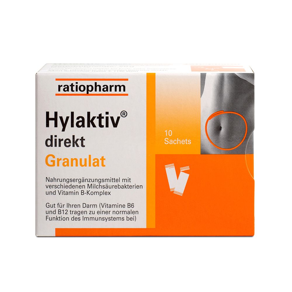 Weiß-orange Schachtel mit Produktnamen Hylaktiv direkt Granulat. Enthält 10 Sachets. Logo ratiopharm.