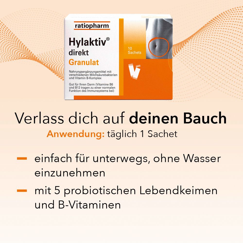 Text mit 'Verlass dich auf deinen Bauch'. Anwendung: täglich 1 Sachet. Vorteile: einfach, 5 probiotische Keime, B-Vitamine.