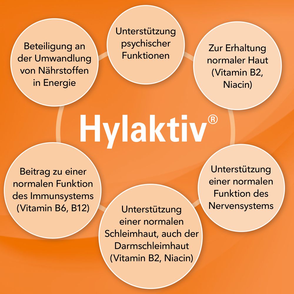 Kreisförmige Infografik. Hylaktiv. Vorteile: Energie, psychische Funktionen, Haut, Nervensystem, Immunsystem, Darmschleimhaut.
