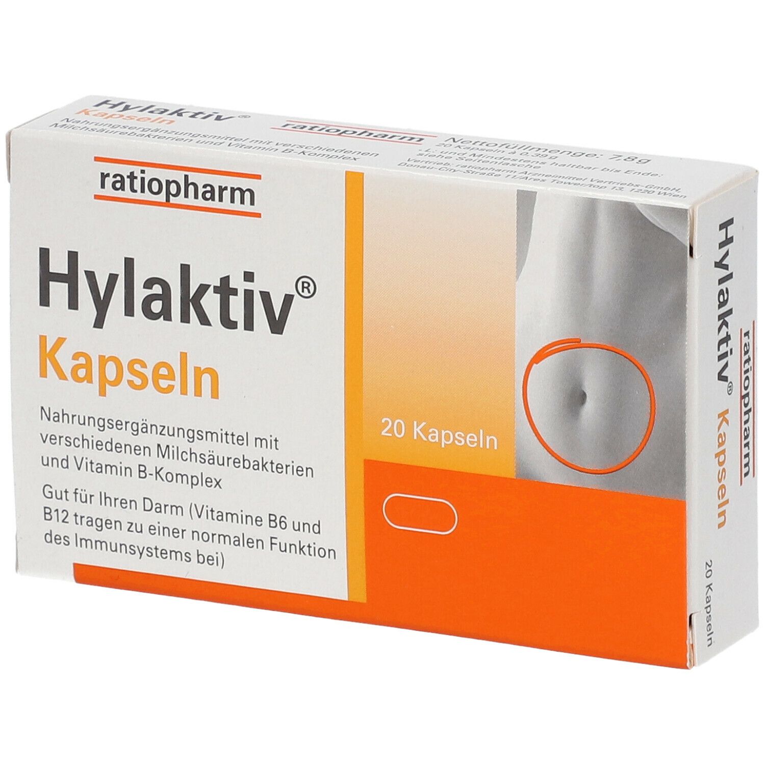 Hylaktiv Kapseln-Packung. Weiß-orangefarbene Schachtel mit Produktnamen, 20 Kapseln und Bauch-Illustration.