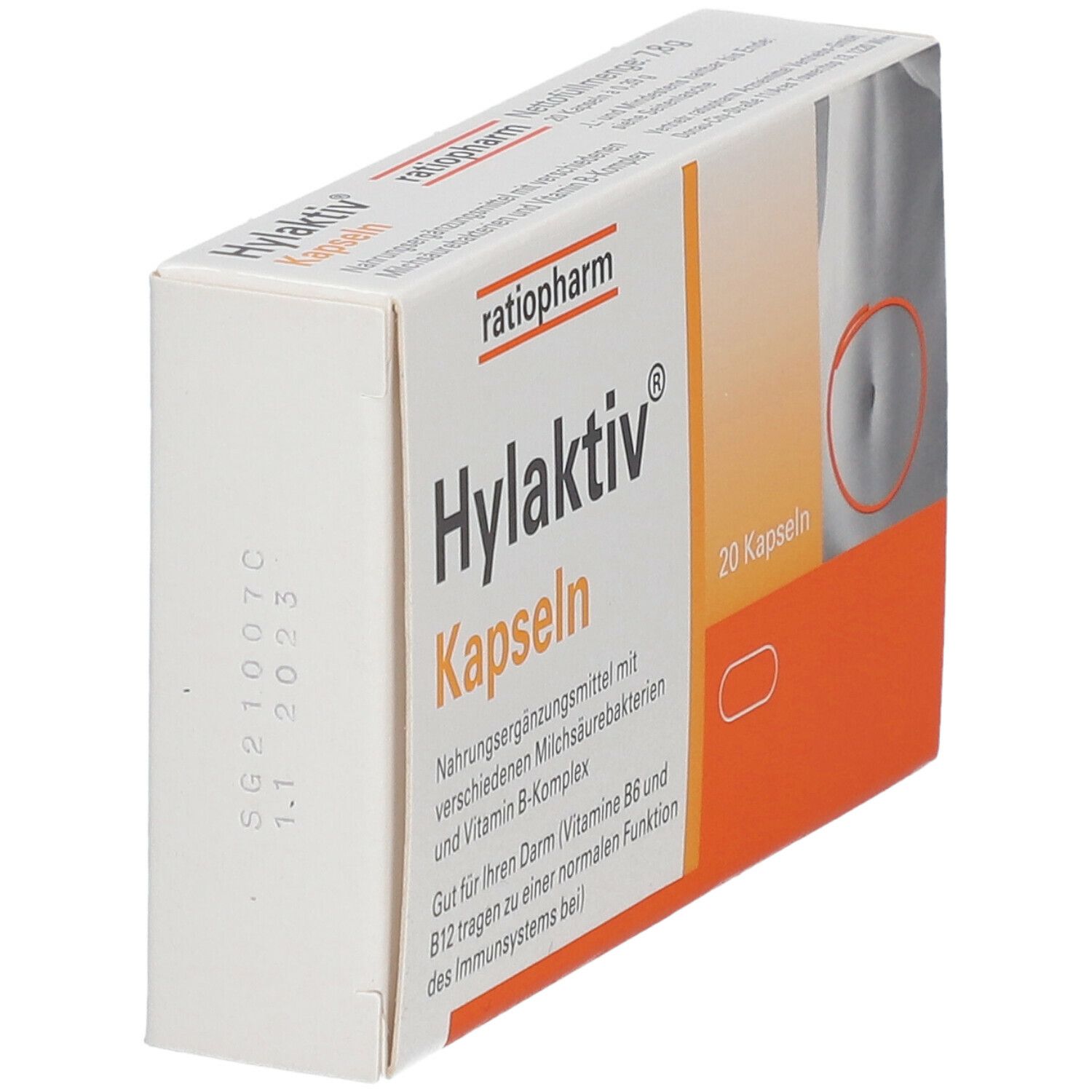 Hylaktiv Kapseln-Packung. Weiße und orangefarbene Schachtel mit Produktnamen und 20 Kapseln. Seitenansicht.