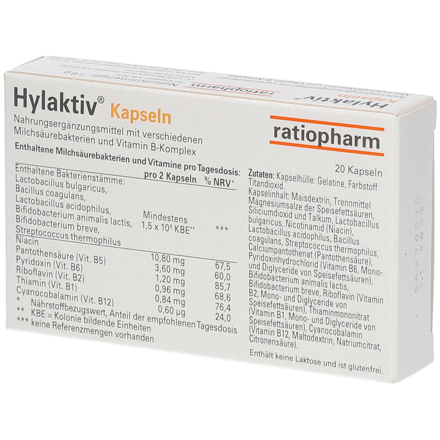 Hylaktiv Kapseln-Packung. Weiße Schachtel mit Produktinformationen, Inhaltsstoffen und 20 Kapseln.