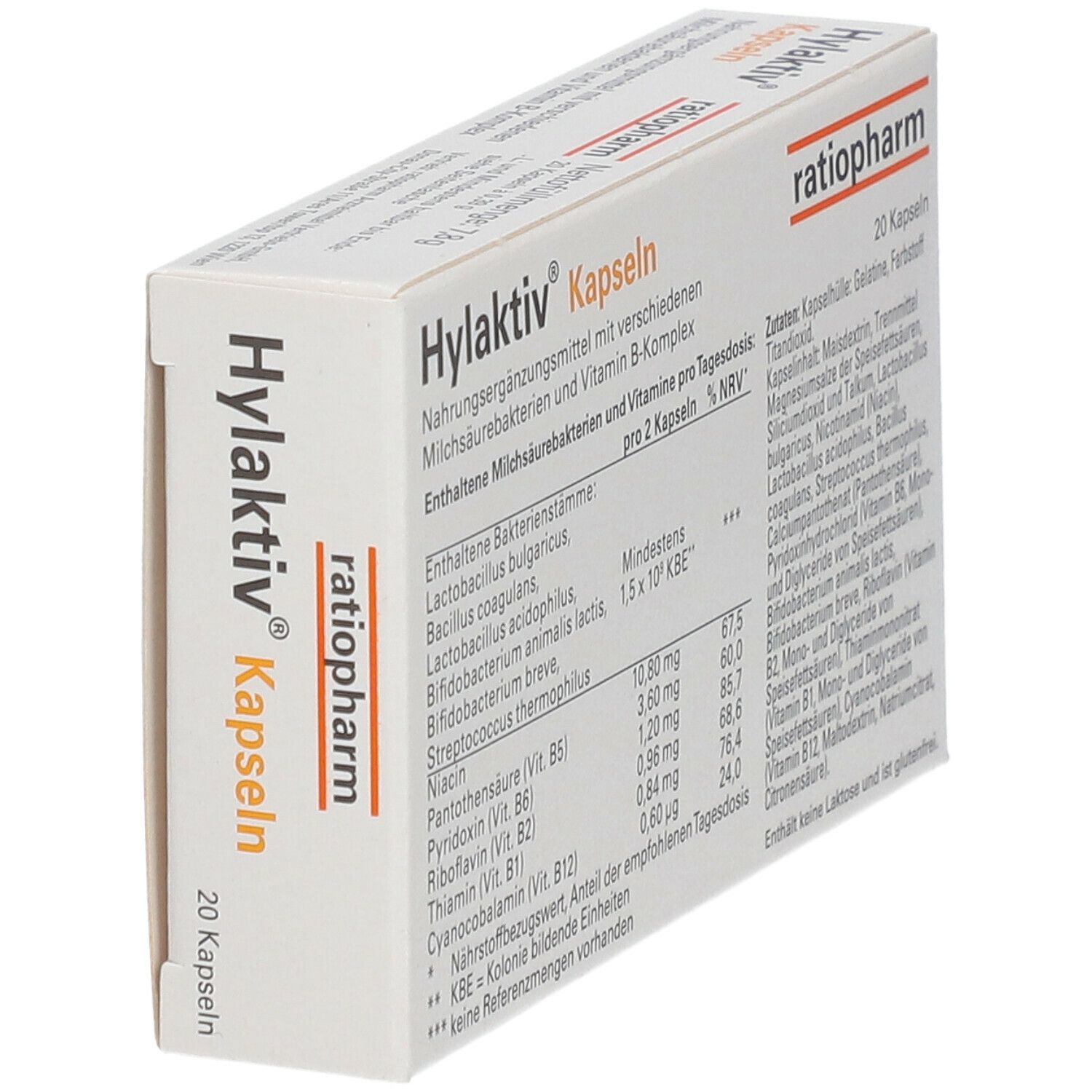 Hylaktiv Kapseln-Packung. Weiße Schachtel mit Produktinformationen, Inhaltsstoffen und 20 Kapseln. Schrägansicht.