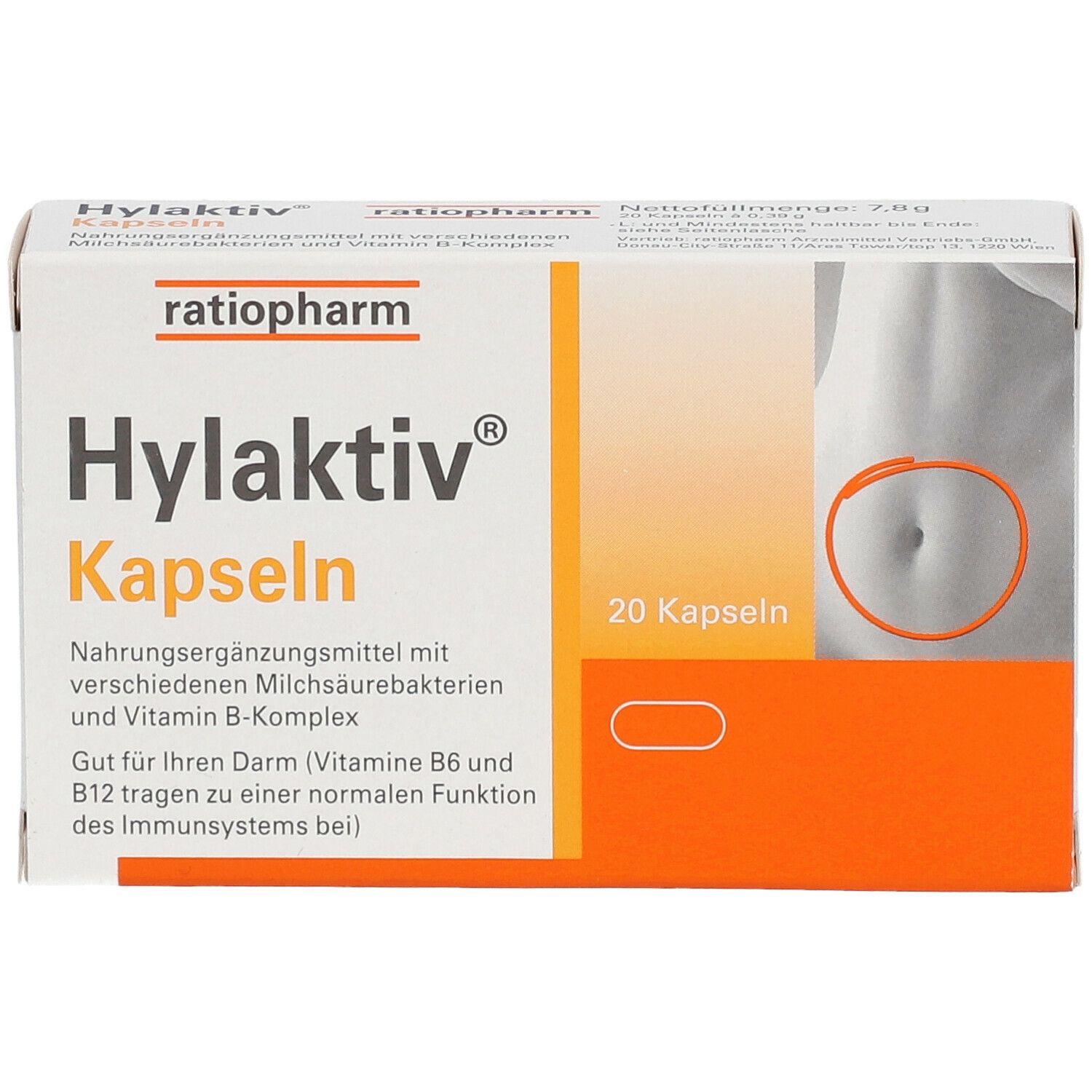 Hylaktiv Kapseln-Packung. Weiße und orangefarbene Schachtel mit Produktnamen, 20 Kapseln und Bauch-Illustration.