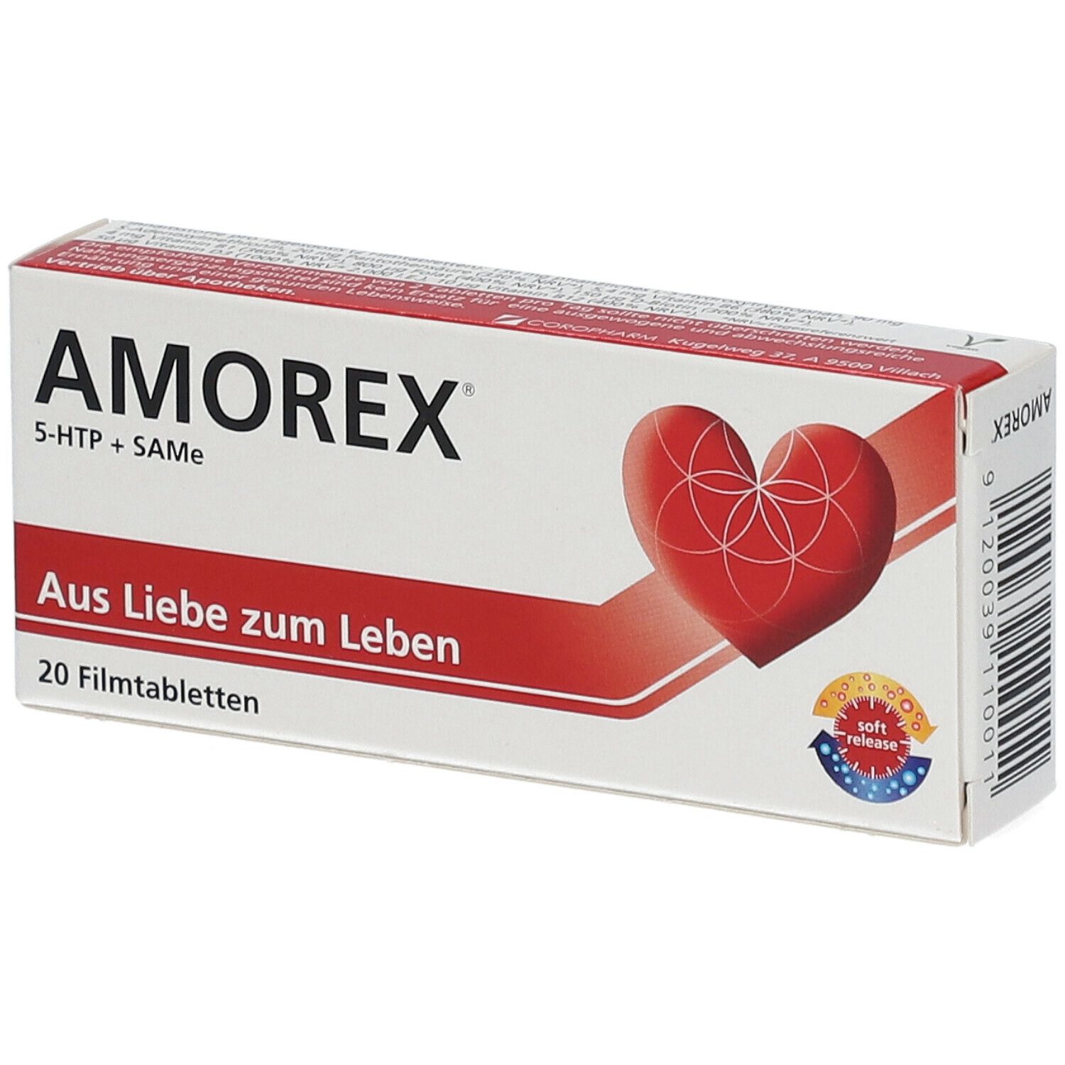 Schachtel AMOREX, rotes Herz-Design, Aufschrift 'Aus Liebe zum Leben', 20 Filmtabletten, Barcode.