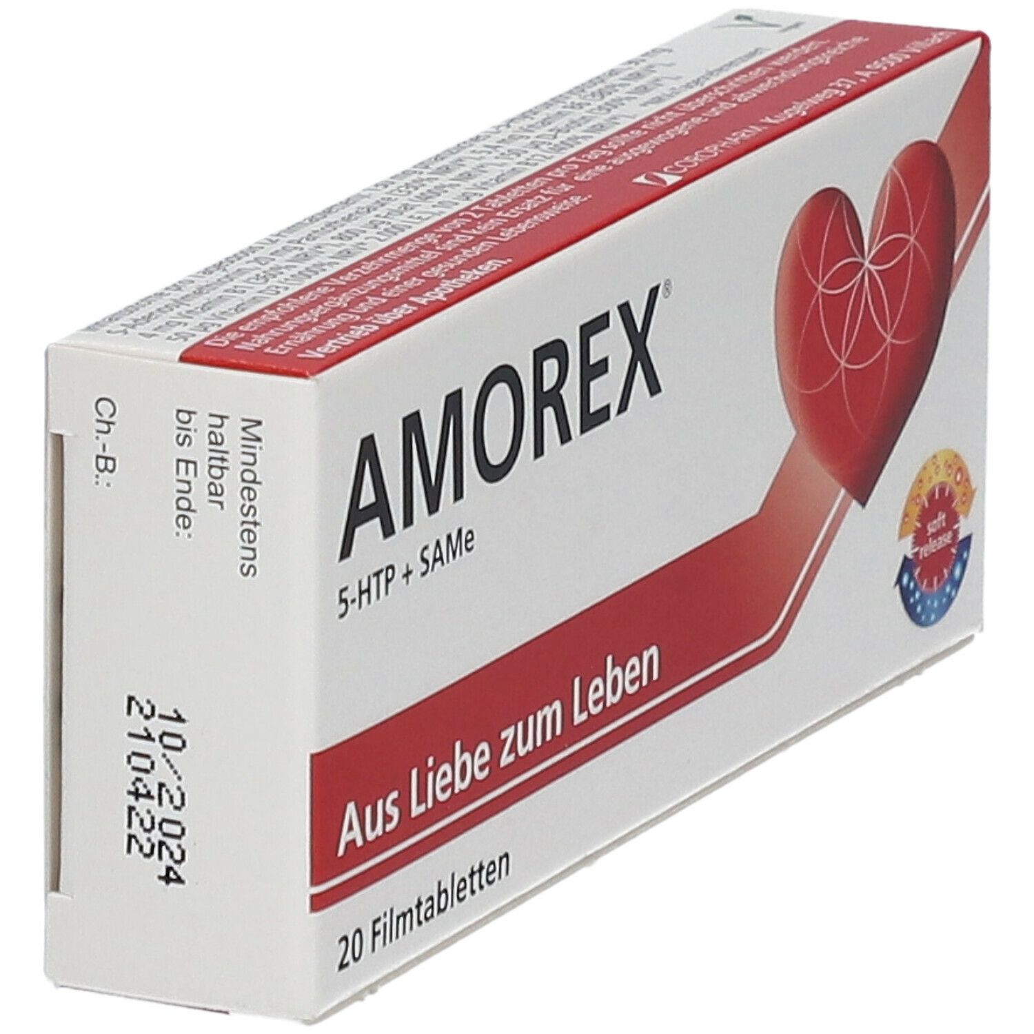 Schachtel AMOREX, rotes Herz-Design, Aufschrift 'Aus Liebe zum Leben', 20 Filmtabletten, Haltbarkeitsdatum.