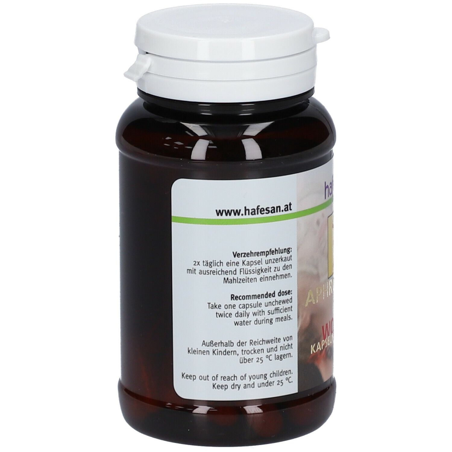 Rückseite der braunen Kapsel-Dose mit weißem Deckel. Text: Verzehrempfehlung, Recommended dose, Hinweise.