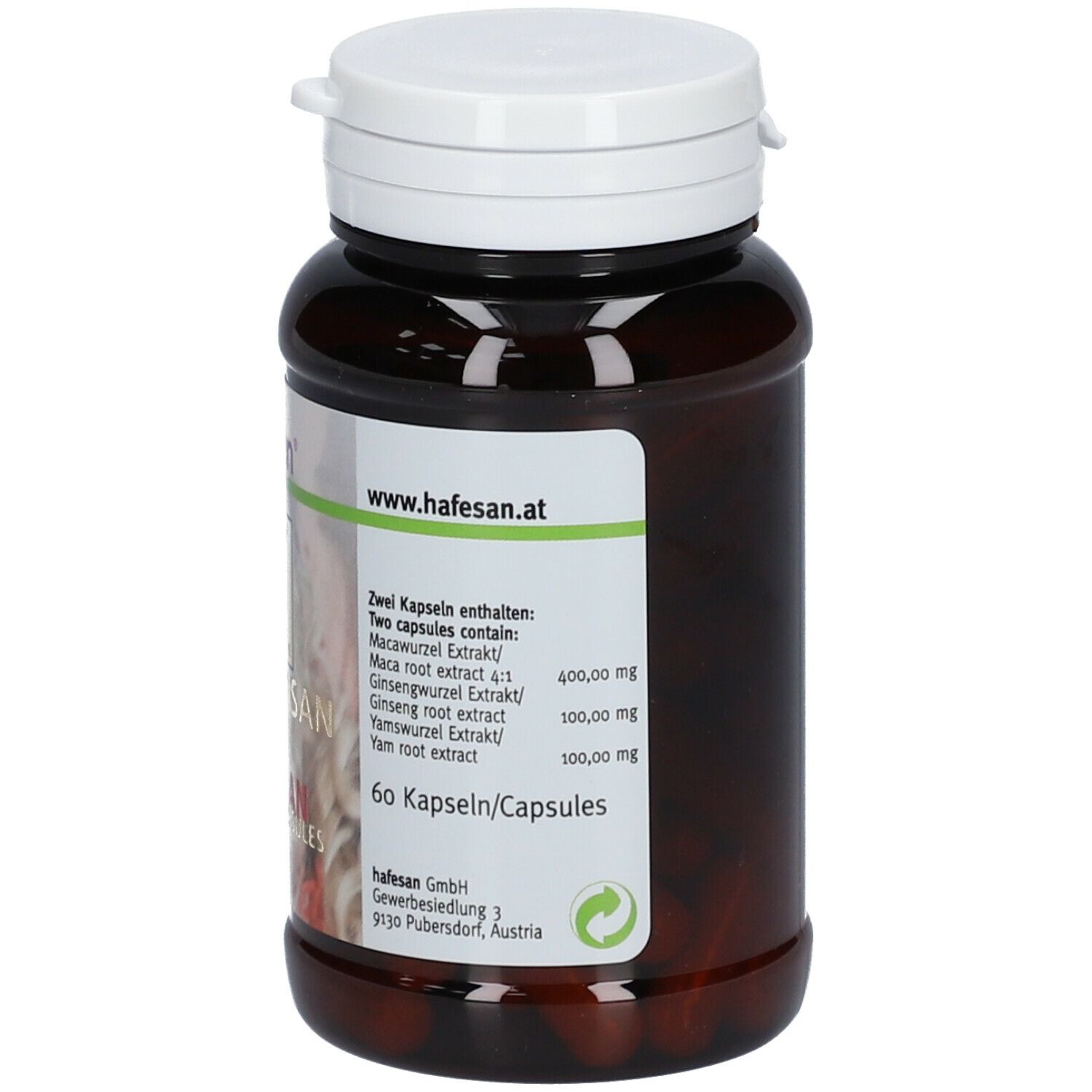 Rückseite der braunen Kapsel-Dose mit weißem Deckel. Text: Inhaltsstoffe, 60 Kapseln/Capsules.