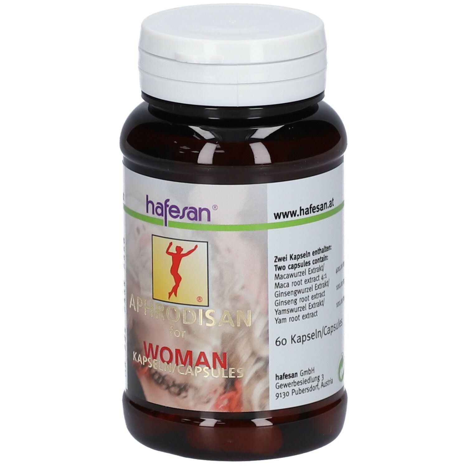 Braune Kapsel-Dose mit weißem Deckel. Aufschrift: hafesan Aphrodisan for Woman. 60 Kapseln. Logo: Frau.
