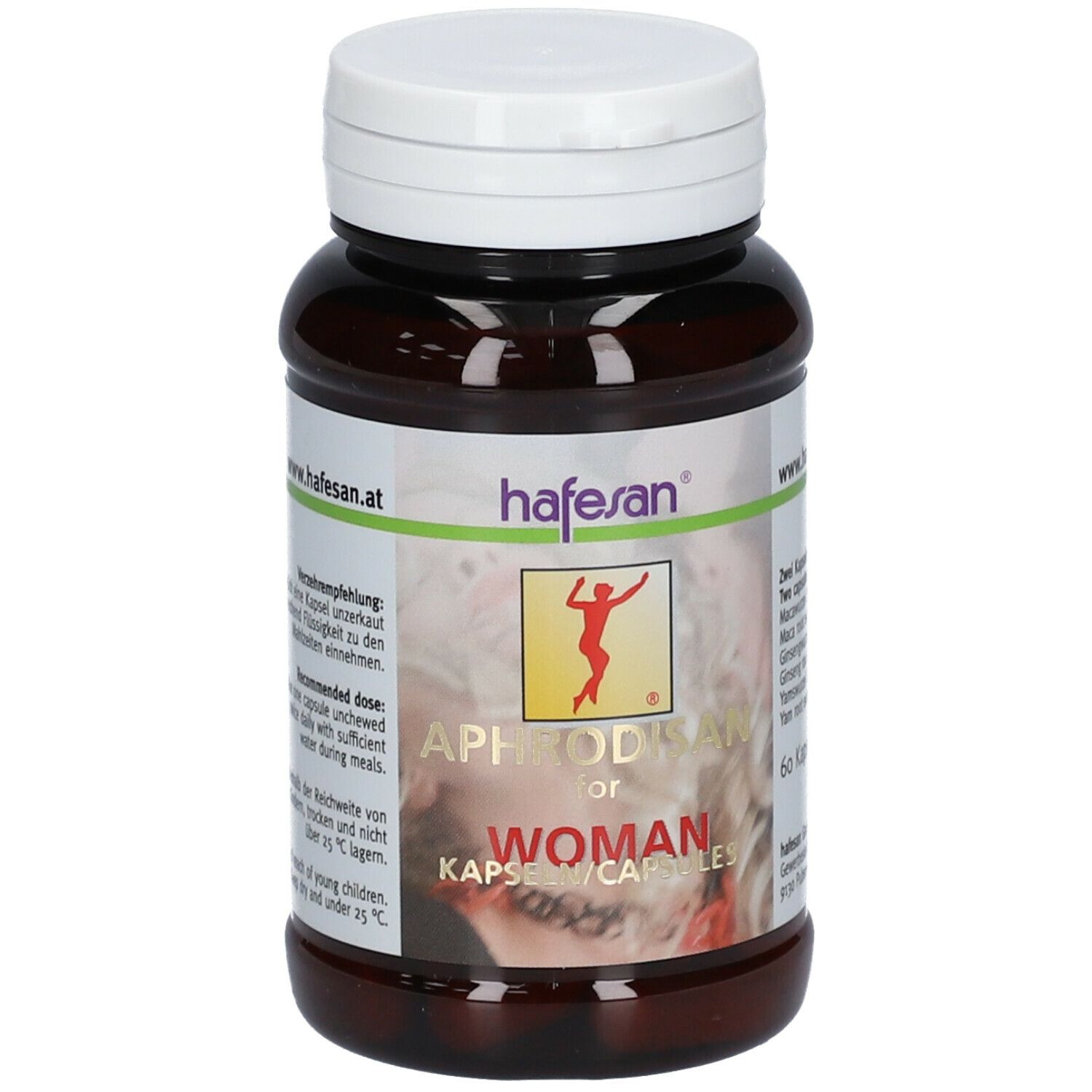 Braune Kapsel-Dose mit weißem Deckel. Aufschrift: hafesan Aphrodisan for Woman. 60 Kapseln. Logo: Frau.
