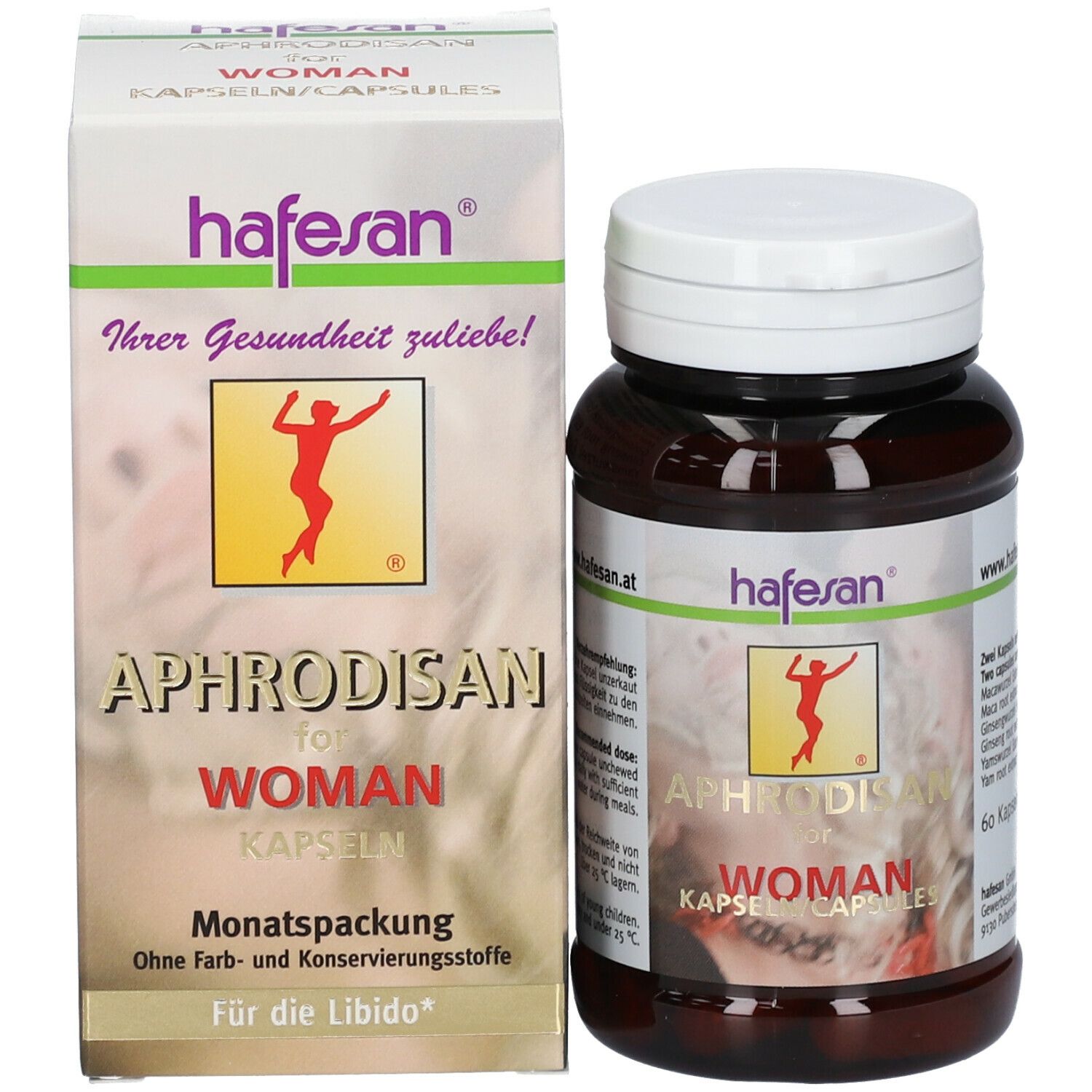 Produktpackung und Dose. Packung: hafesan Aphrodisan for Woman. Dose: 60 Kapseln. Logo: Frau.