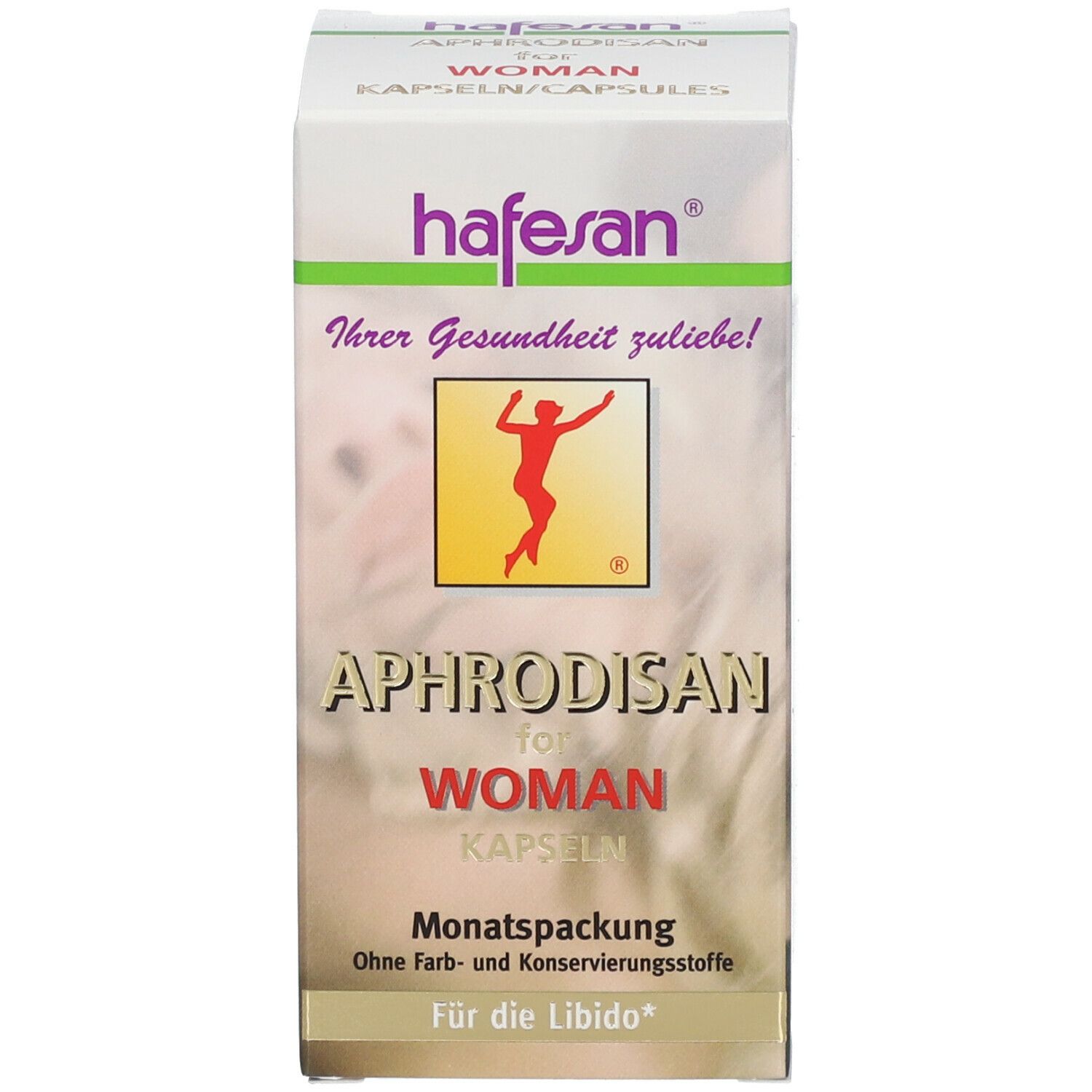 Produktpackung: hafesan Aphrodisan for Woman. Logo: Frau. Text: Monatspackung, Ohne Farb- und Konservierungsstoffe.