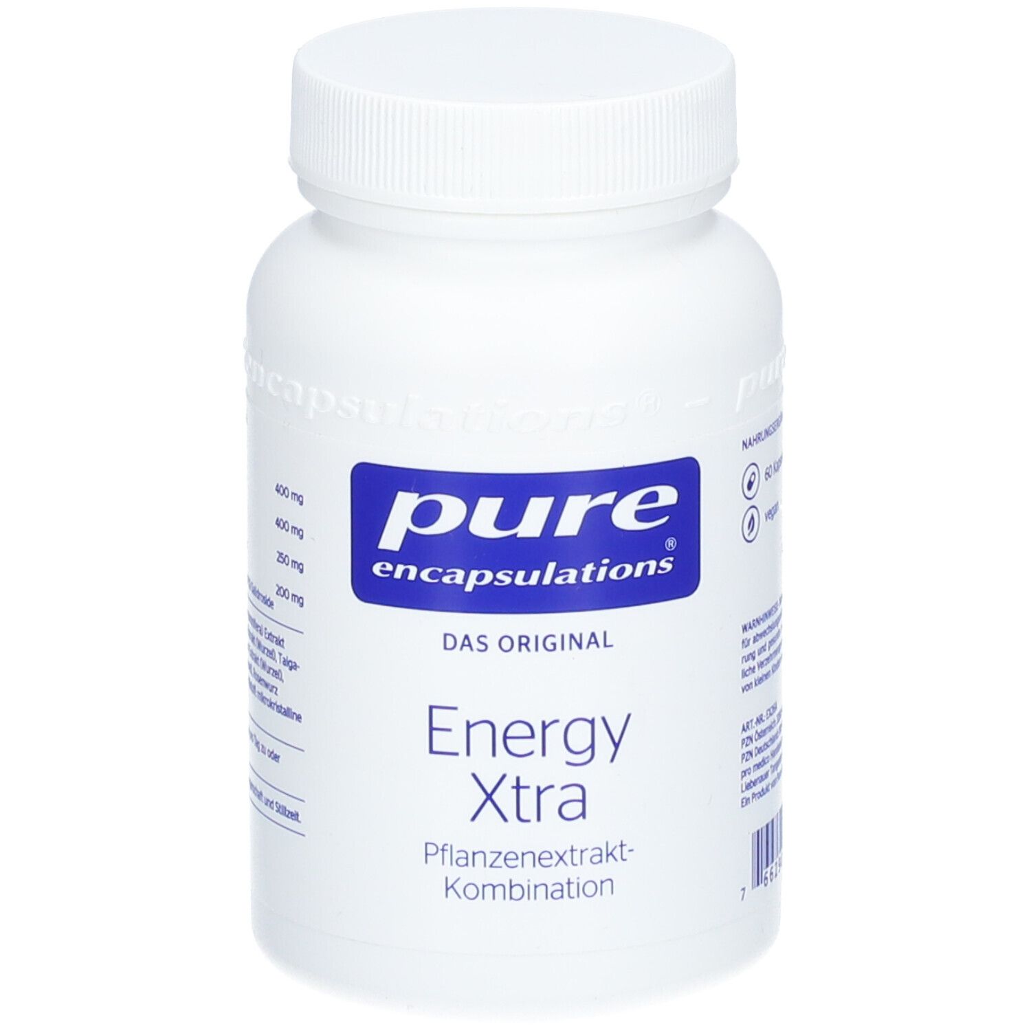 Weiße Flasche mit blauem Etikett. Aufschrift: pure encapsulations, Energy Xtra, Pflanzenextrakt-Kombination.