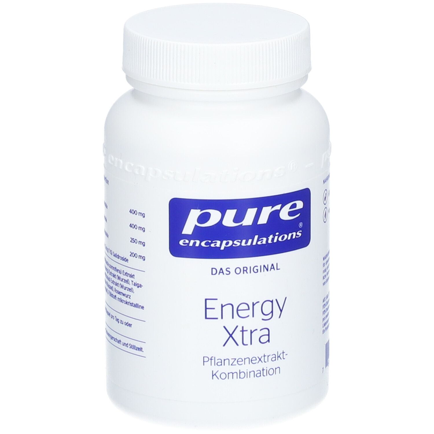 Weiße Flasche mit blauem Etikett. Aufschrift: pure encapsulations, Energy Xtra, Pflanzenextrakt-Kombination.