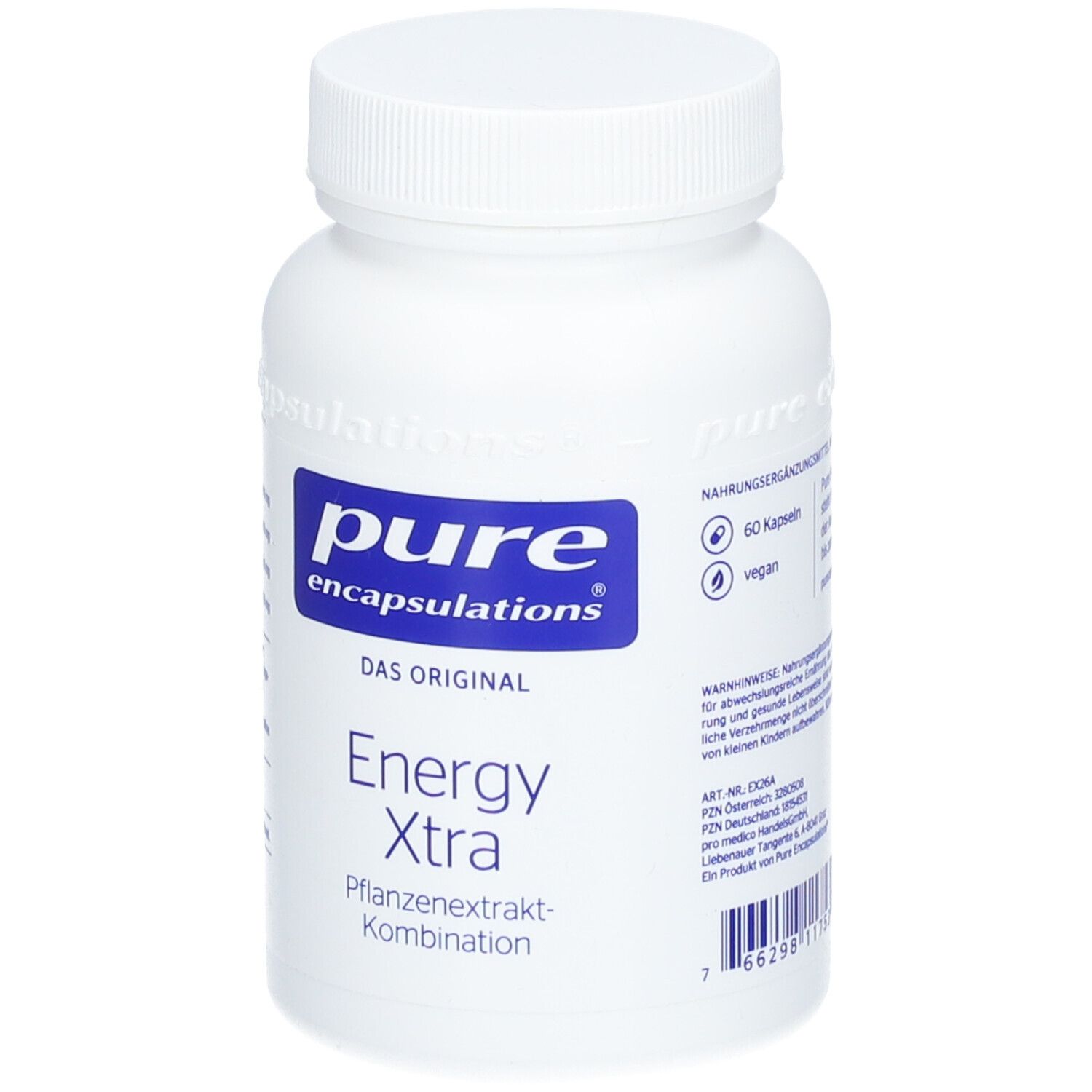 Weiße Flasche mit blauem Etikett. Aufschrift: pure encapsulations, Energy Xtra, 60 Kapseln. Vegan.