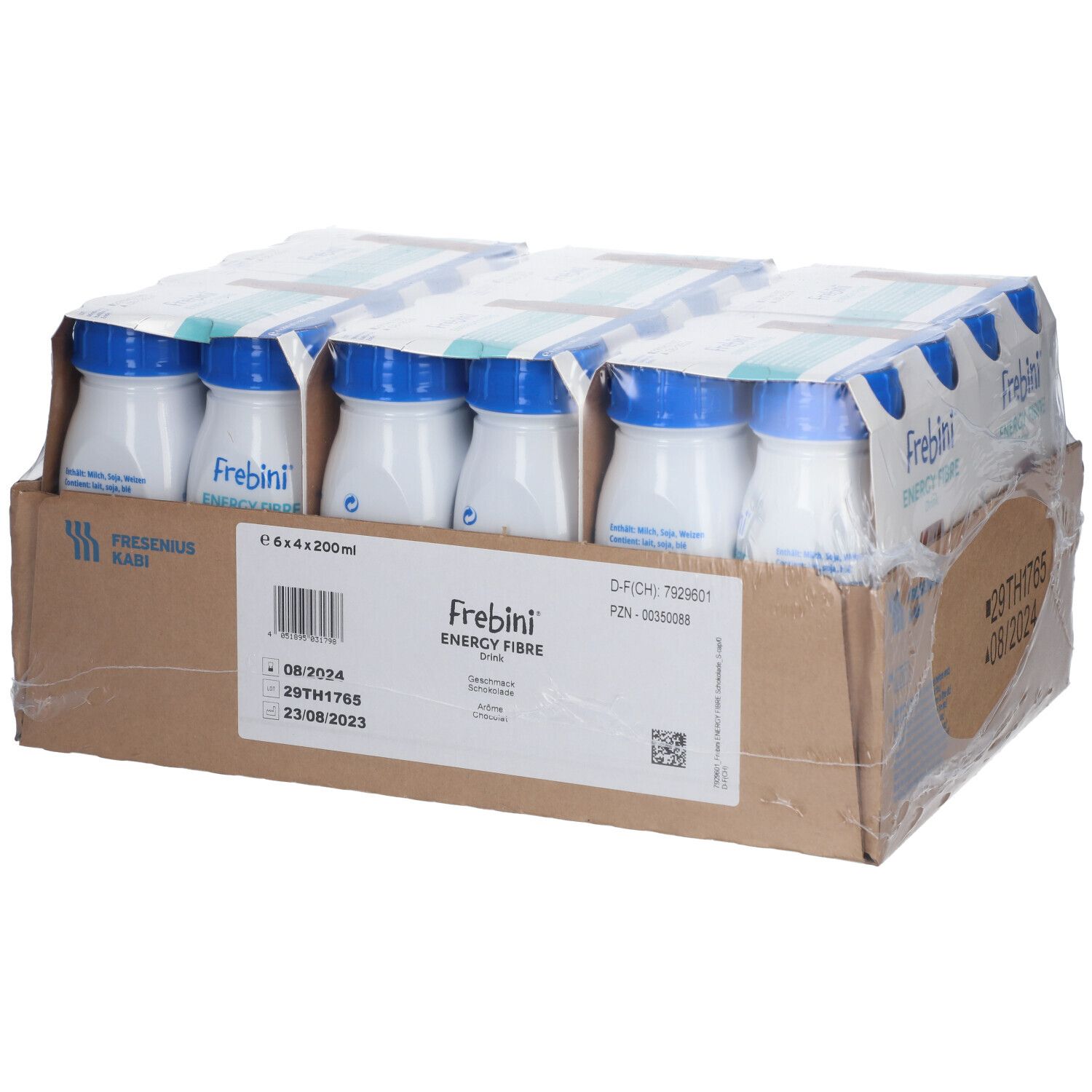 Karton mit 24 Frebini Energy Fibre Drink Flaschen. Jede Flasche hat einen blauen Deckel. Aufdrucke: Frebini, Energy Fibre, 6x4x200ml.