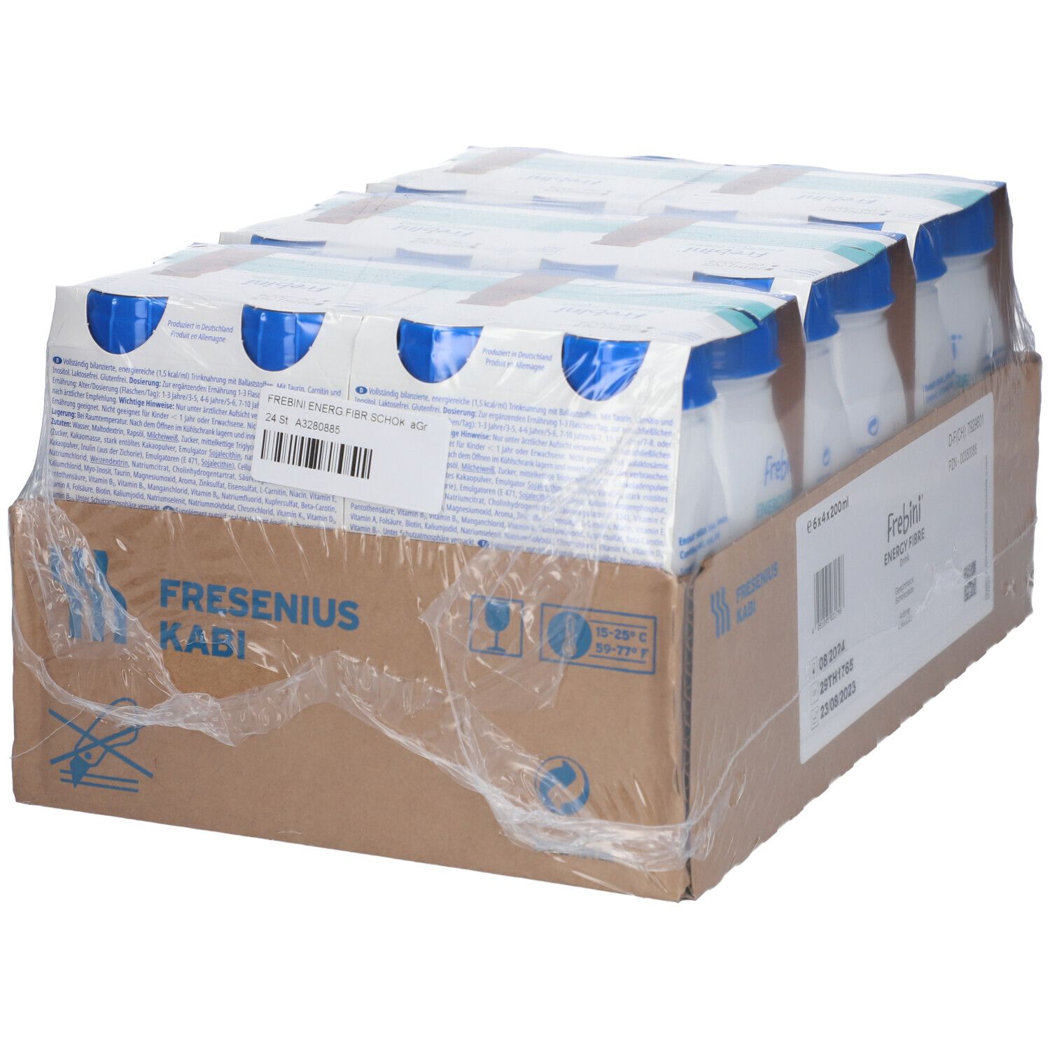 Karton mit 24 Frebini Energy Fibre Drink Flaschen. Jede Flasche hat einen blauen Deckel. Aufdrucke: Frebini, Energy Fibre, 6x4x200ml.