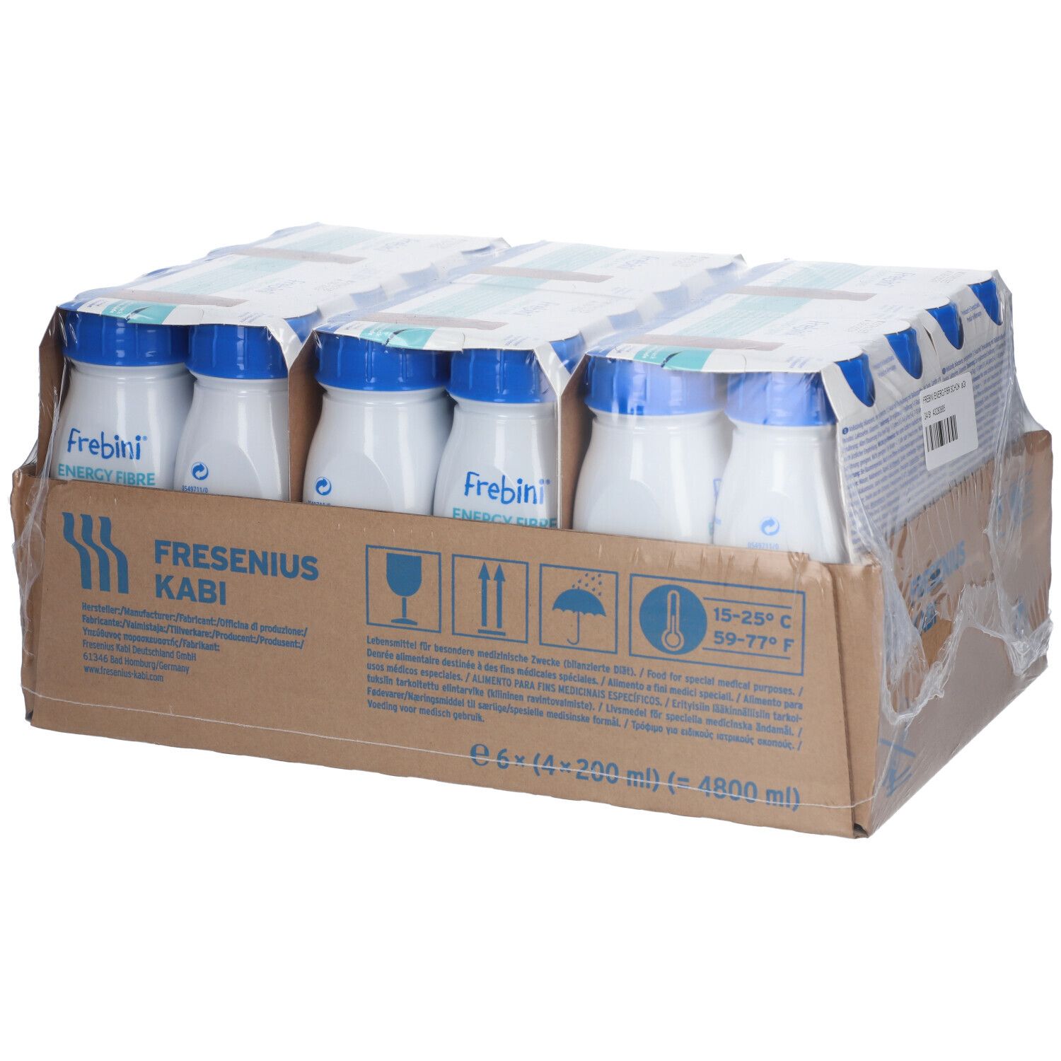 Karton mit 24 Frebini Energy Fibre Drink Flaschen. Jede Flasche hat einen blauen Deckel. Aufdrucke: Frebini, Energy Fibre, 6x4x200ml.