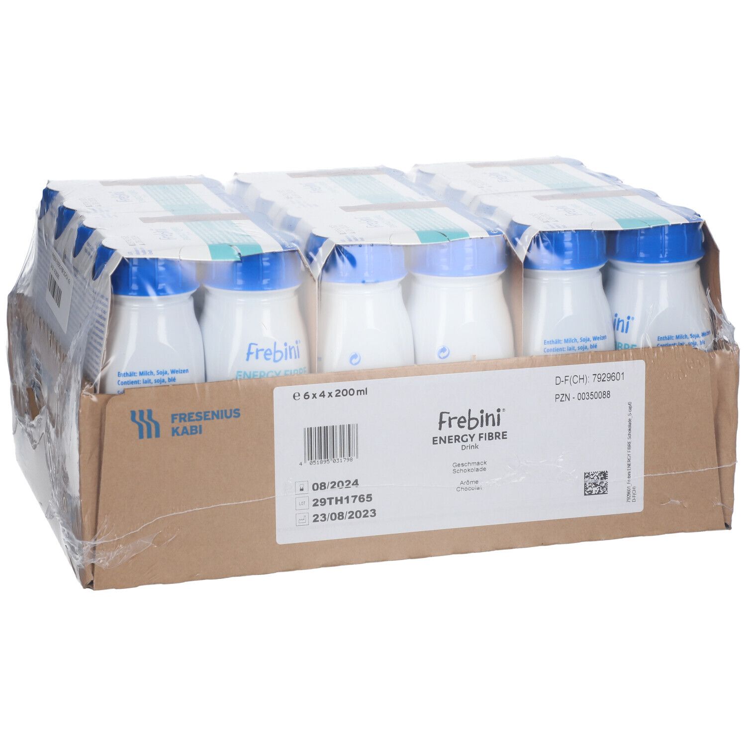 Karton mit 24 Frebini Energy Fibre Drink Flaschen. Jede Flasche hat einen blauen Deckel. Aufdrucke: Frebini, Energy Fibre, 6x4x200ml.