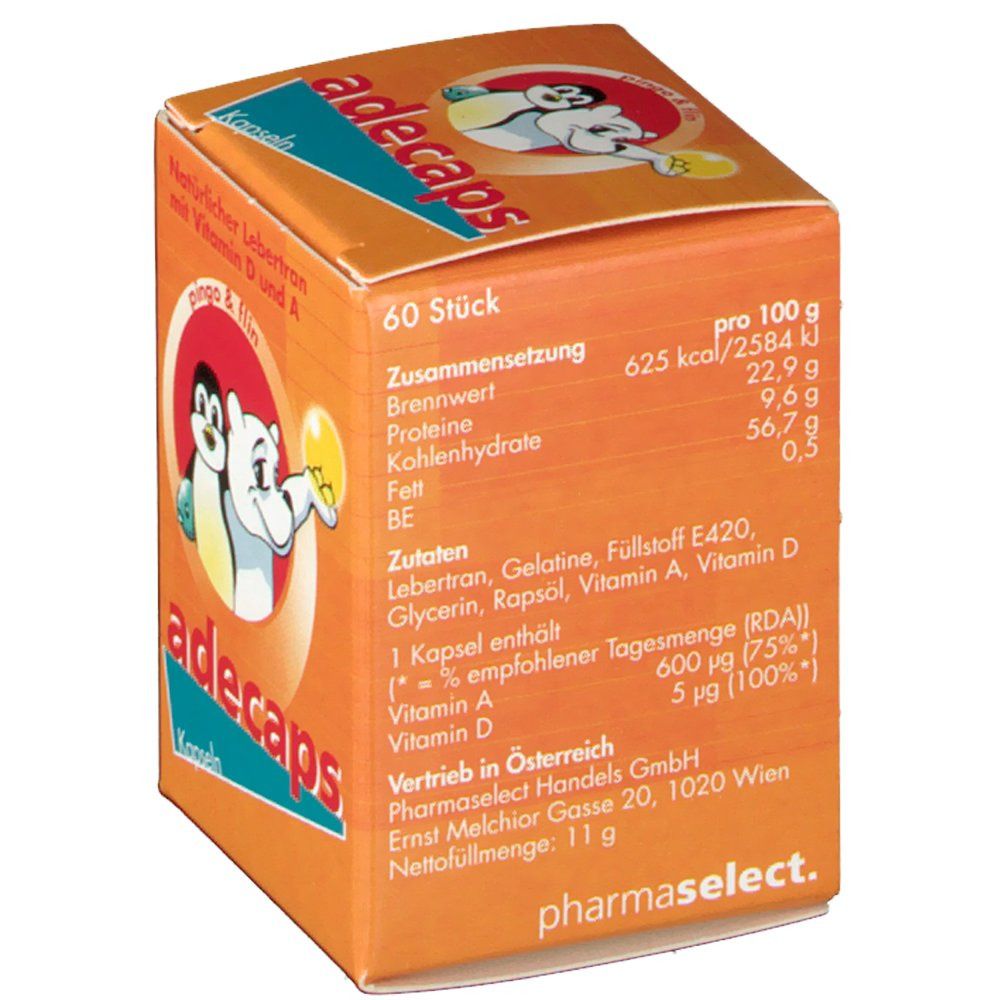 Orangefarbene Schachtel mit "adecaps Kapseln"-Logo. Enthält 60 Stück. Aufdrucke: Nährwertangaben, Inhaltsstoffe, "Vertrieb in Österreich".