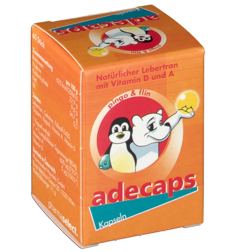 Orangefarbene Schachtel mit "adecaps Kapseln"-Logo. Abbildung: Pinguin und Eisbär. Text: "Natürlicher Lebertran mit Vitamin D und A".
