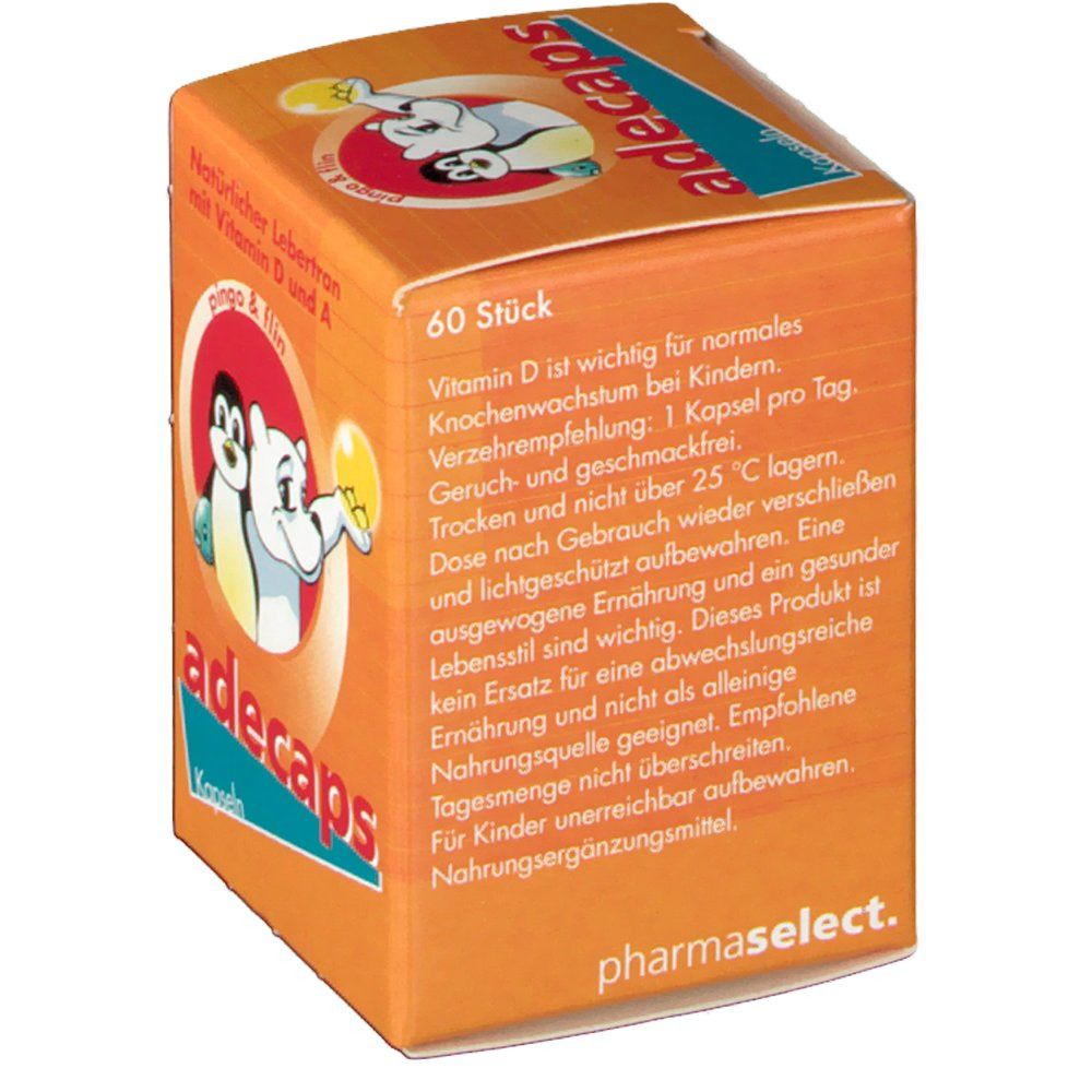 Orangefarbene Schachtel mit "adecaps Kapseln"-Logo. Text: "60 Stück". Weitere Texte: Verzehrempfehlung, Lagerhinweise, Warnhinweise.
