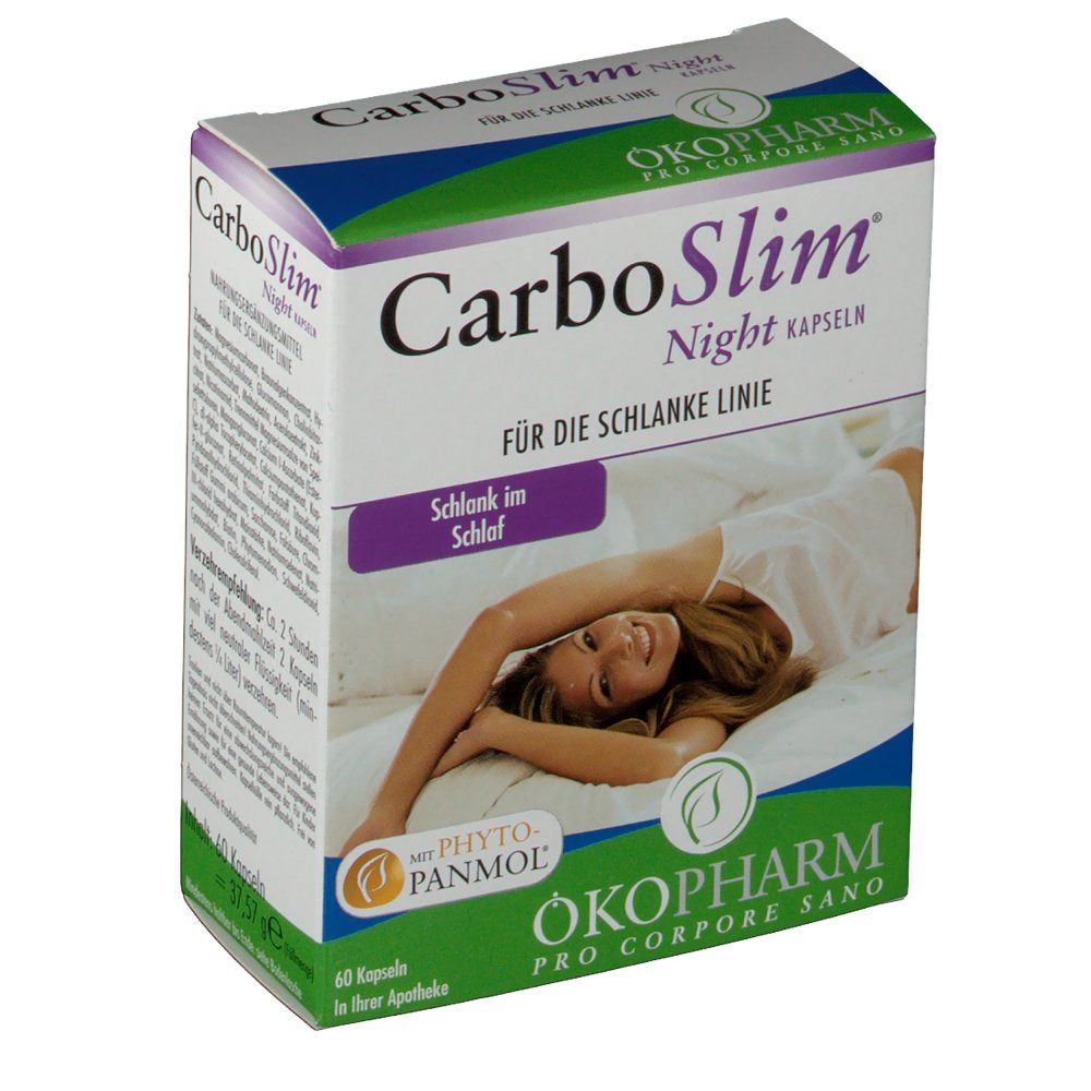Schachtel mit CarboSlim Night Kapseln. Aufdruck: "Für die schlanke Linie". Logo ÖKOPHARM.