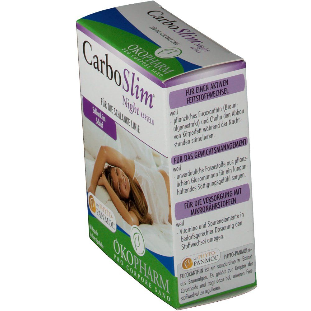 Schachtel CarboSlim Night Kapseln, schräg. Text: "Für die schlanke Linie". Logo ÖKOPHARM.