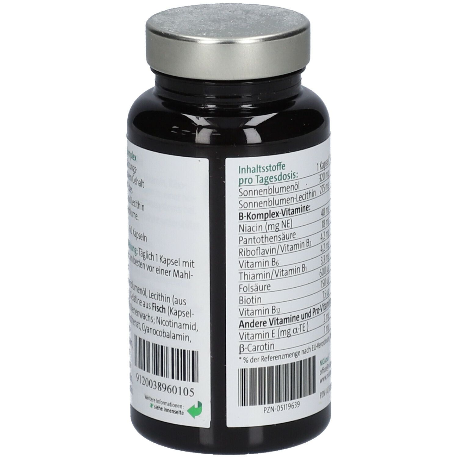 Rückseite der Flasche. Auflistung der Inhaltsstoffe pro Tagesdosis. Mit Zertifizierungen und Kontaktinformationen.