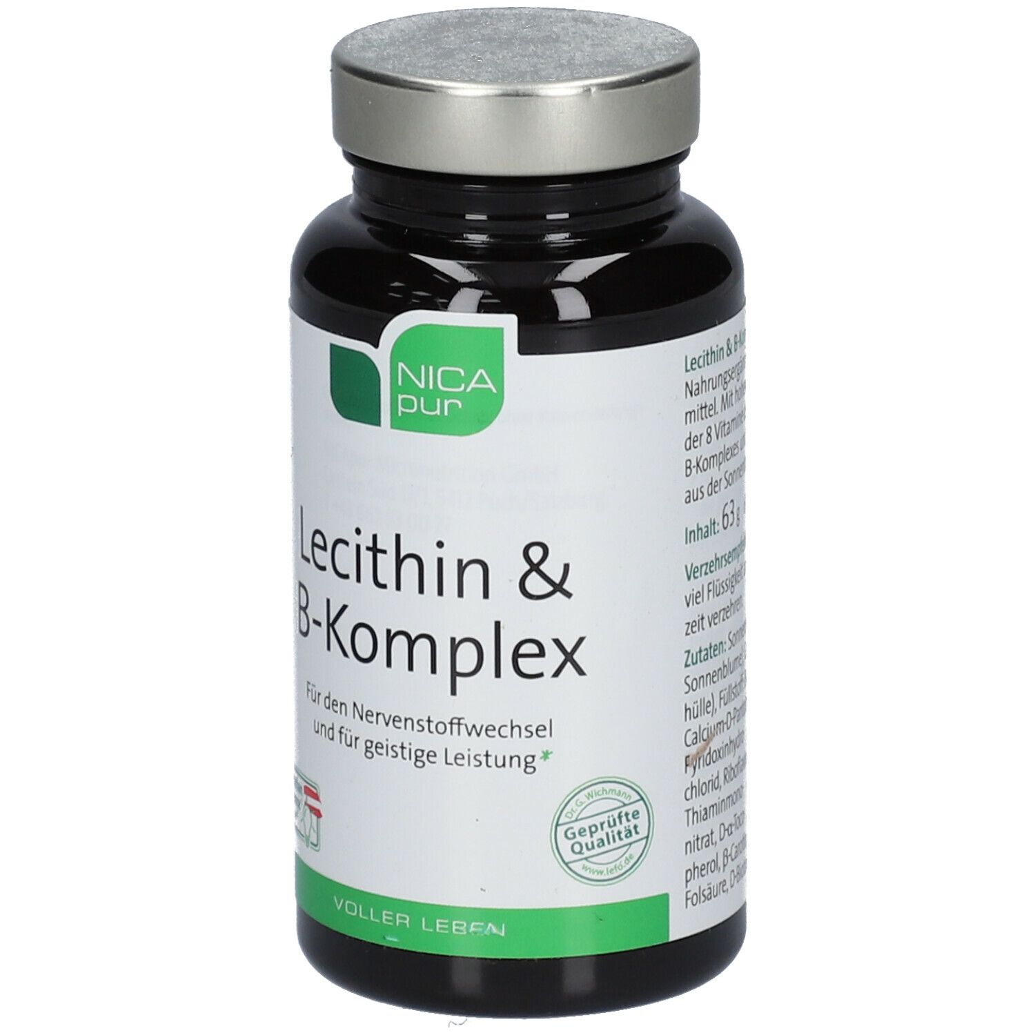 Schwarze Flasche mit silbernem Deckel. Aufschrift: NICApur, Lecithin & B-Komplex. Mit Zertifizierungen.