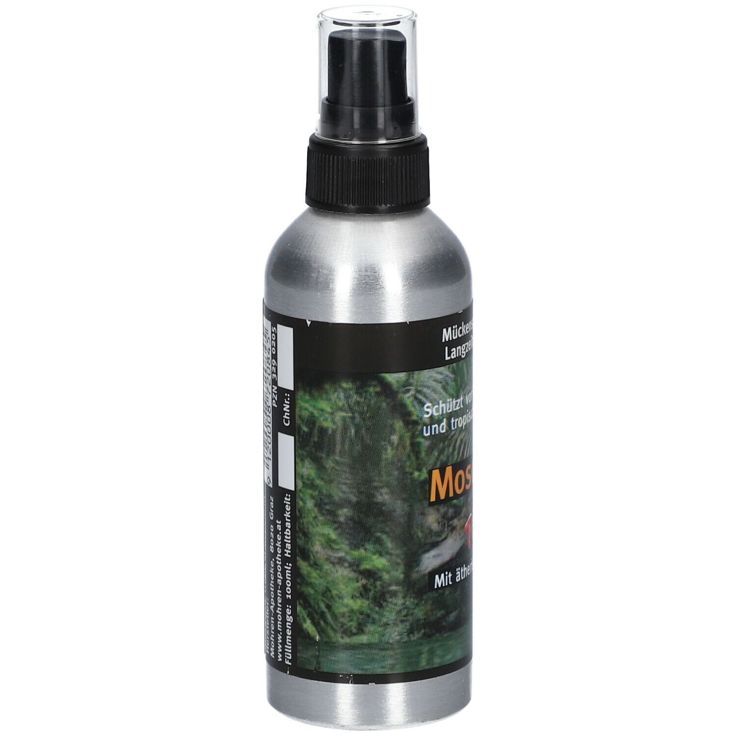 Sprühflasche mit "Mosquito Tropical"-Etikett. Silberne Flasche mit schwarzem Sprühkopf. Hintergrund: Dschungelmotiv.