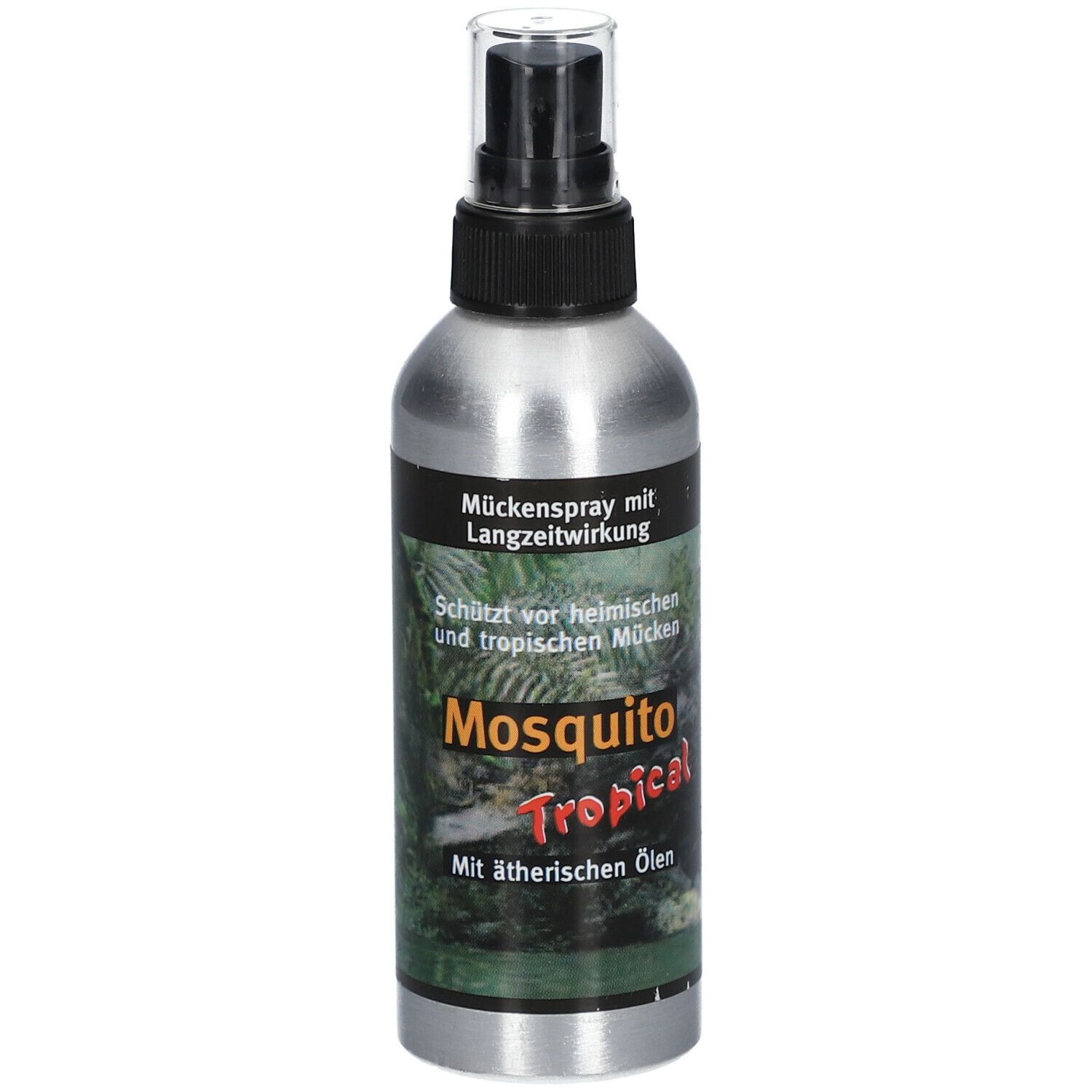 Sprühflasche mit "Mosquito Tropical"-Etikett. Silberne Flasche mit schwarzem Sprühkopf und transparenter Kappe.
