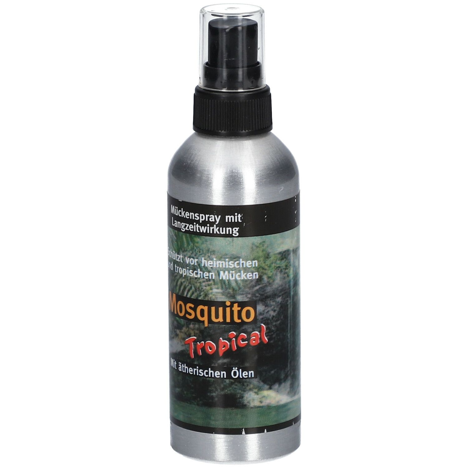 Sprühflasche mit "Mosquito Tropical"-Etikett. Silberne Flasche mit schwarzem Sprühkopf. Hintergrund: Dschungelmotiv.