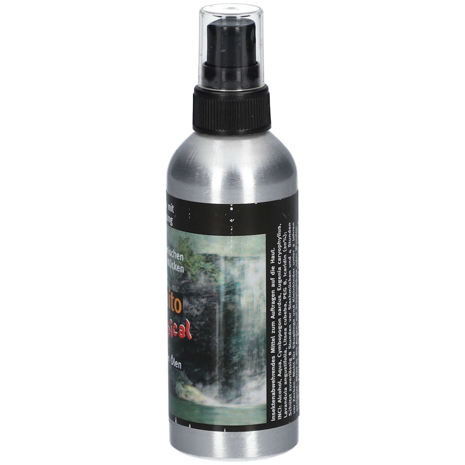 Sprühflasche mit "Mosquito Tropical"-Etikett. Silberne Flasche mit schwarzem Sprühkopf. Text auf Etikett.