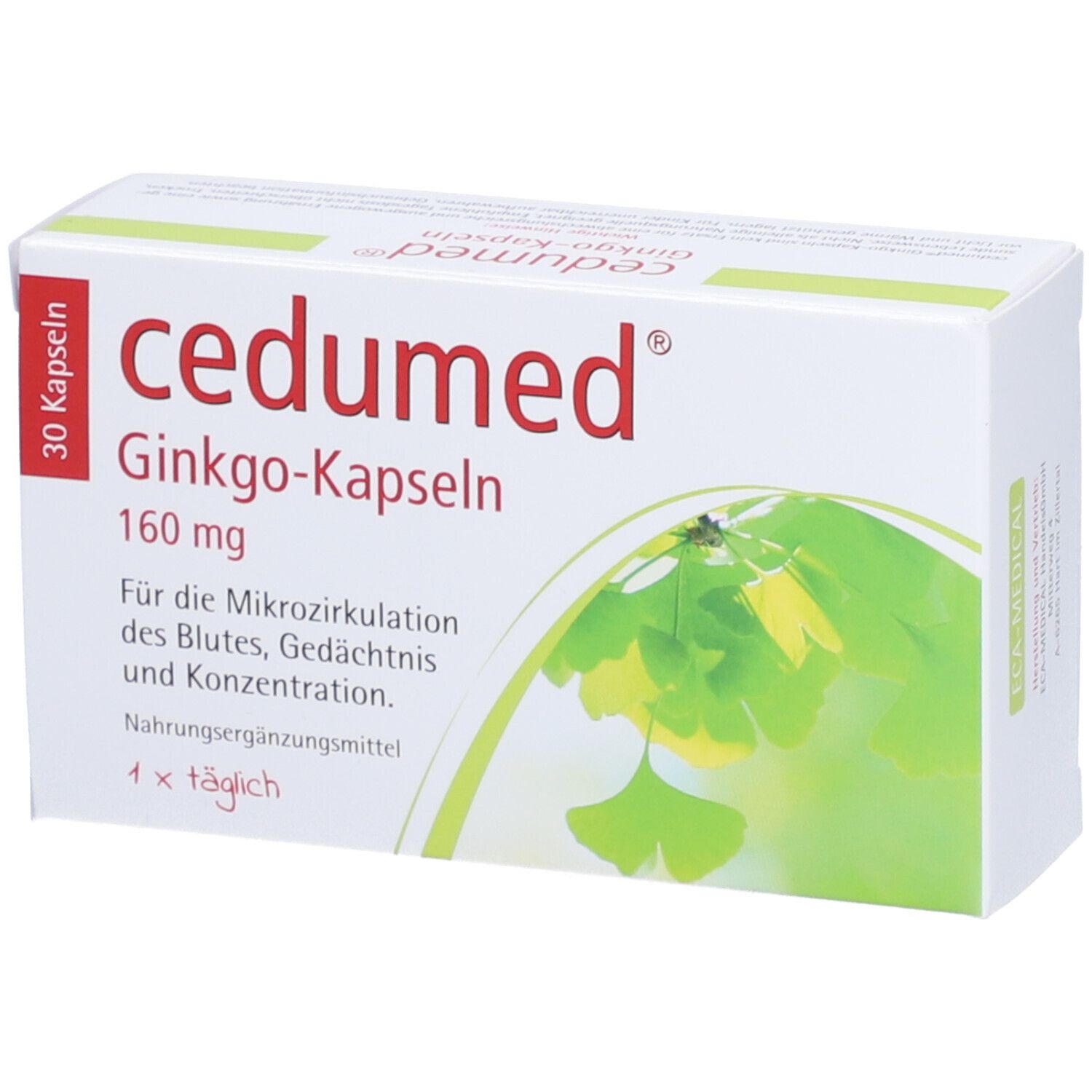 Weiße Schachtel mit cedumed® Ginkgo-Kapseln. Aufdruck: 30 Kapseln, 160 mg, Ginkgo-Kapseln, für Mikrozirkulation, Gedächtnis, Konzentration.