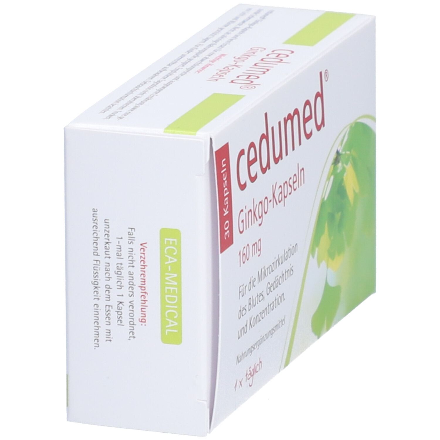 Schräg gestellte weiße Schachtel mit cedumed® Ginkgo-Kapseln. Aufdruck: 30 Kapseln, 160 mg, Ginkgo-Kapseln, für Mikrozirkulation, Gedächtnis, Konzentration.