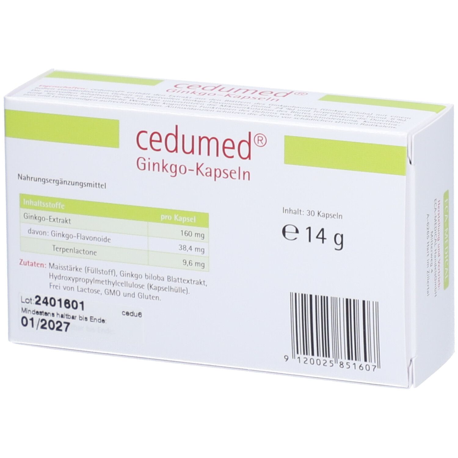 Rückseite der weißen Schachtel mit cedumed® Ginkgo-Kapseln. Aufdruck: Inhaltsstoffe, 30 Kapseln, e 14 g, Mindestens haltbar bis Ende 01/2027.