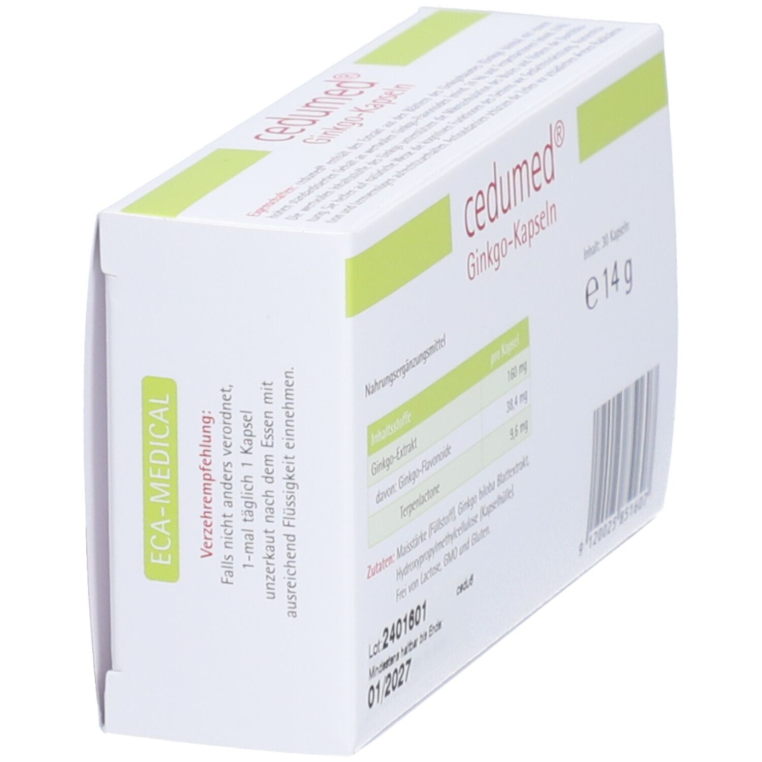 Schräg gestellte Rückseite der weißen Schachtel mit cedumed® Ginkgo-Kapseln. Aufdruck: Inhaltsstoffe, 30 Kapseln, e 14 g, Mindestens haltbar bis Ende 01/2027.
