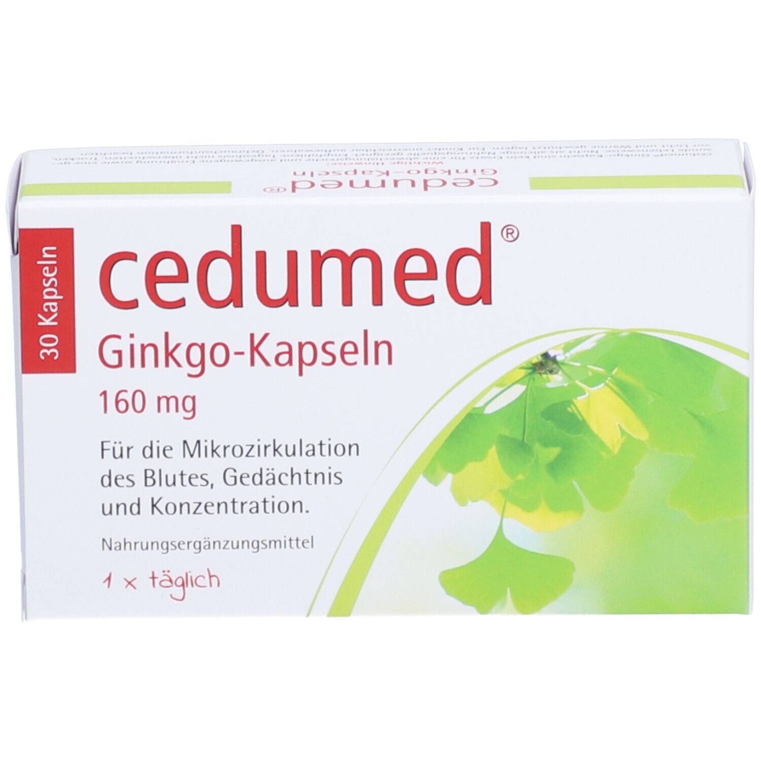 Weiße Schachtel mit cedumed® Ginkgo-Kapseln. Aufdruck: 30 Kapseln, 160 mg, Ginkgo-Kapseln, für Mikrozirkulation, Gedächtnis, Konzentration.