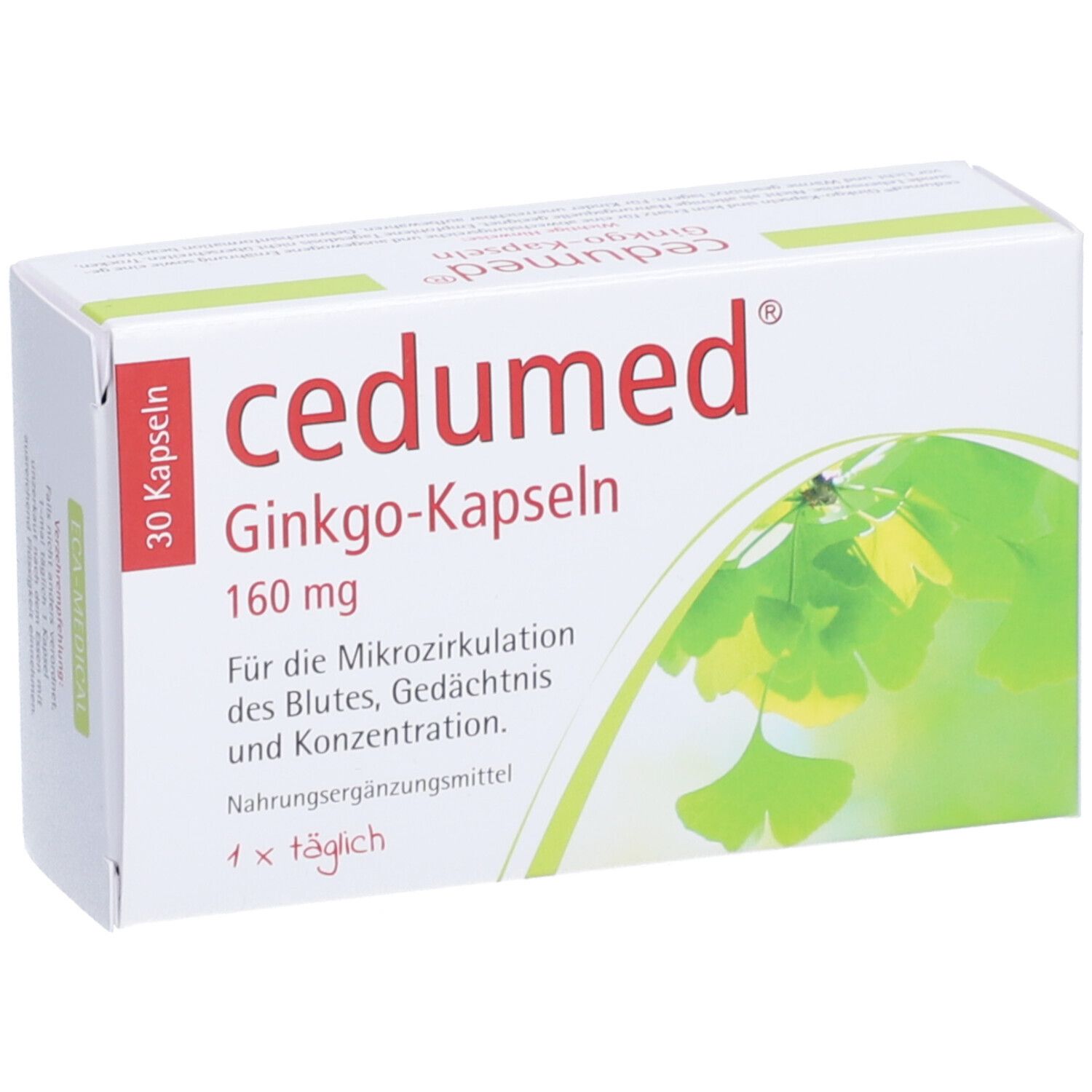 Weiße Schachtel mit cedumed® Ginkgo-Kapseln. Aufdruck: 30 Kapseln, 160 mg, Ginkgo-Kapseln, für Mikrozirkulation, Gedächtnis, Konzentration.