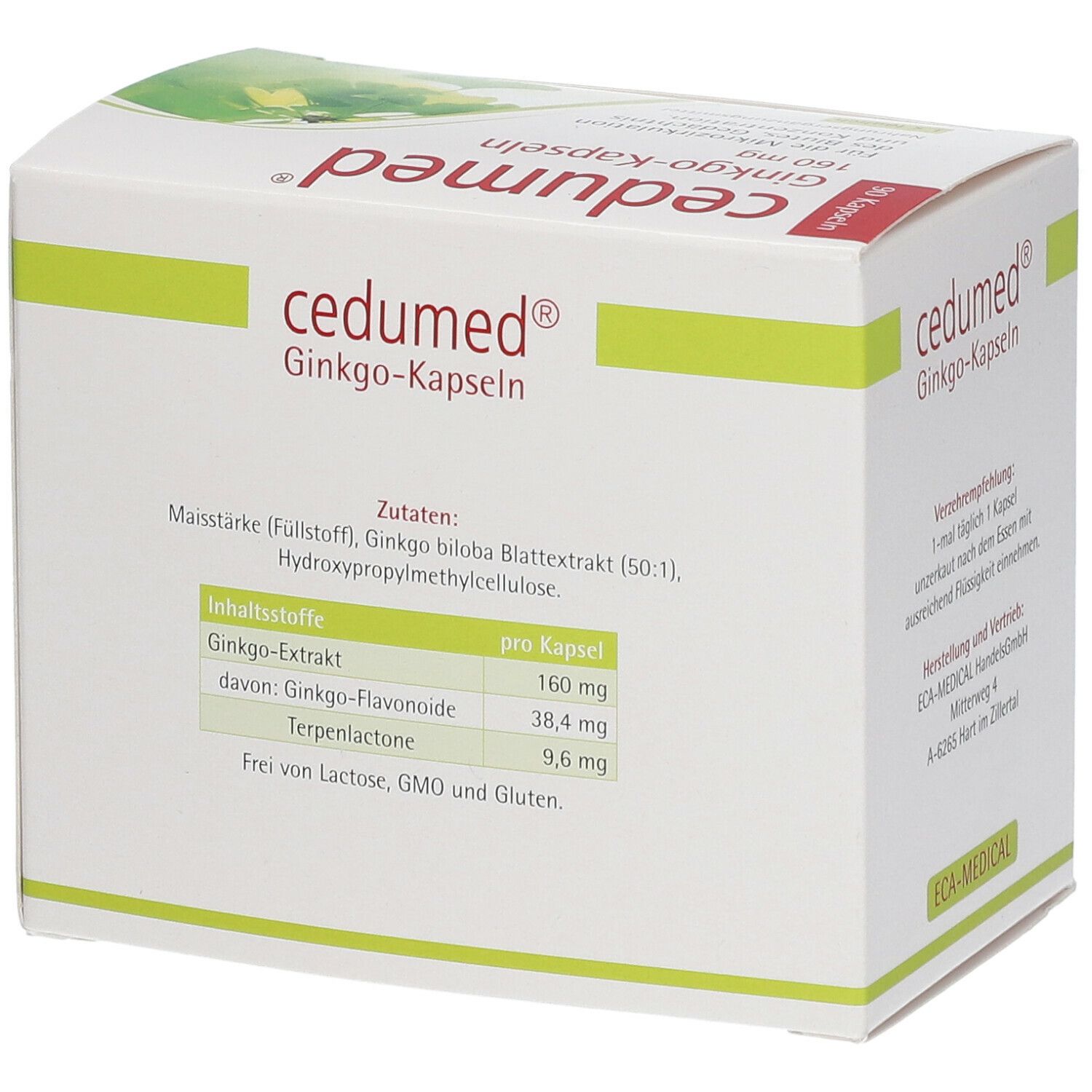 Schachtel mit cedumed® Ginkgo-Kapseln. Weiß, mit grünen Akzenten. Text: cedumed®, Ginkgo-Kapseln. Inhaltsstoffe und Nährwerte.
