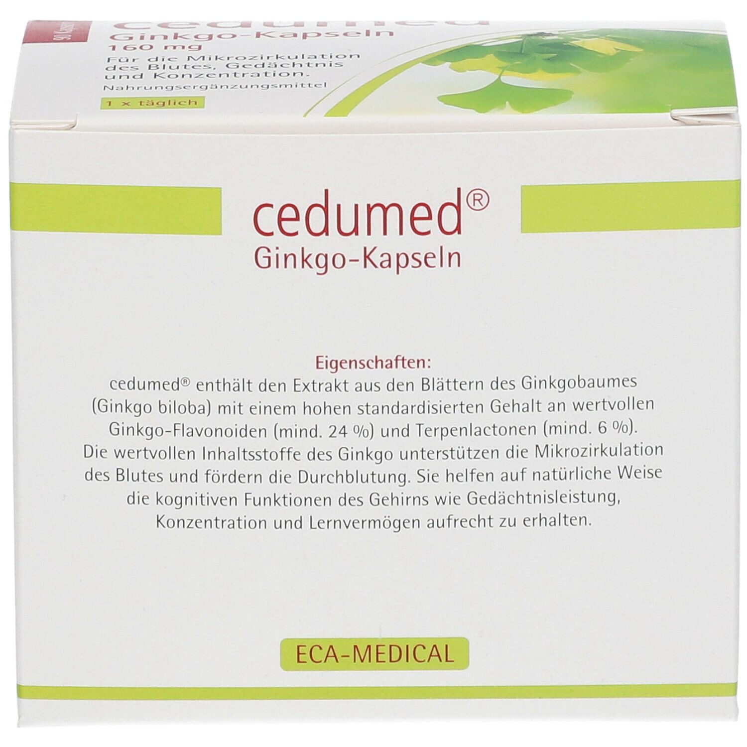 Schachtel mit cedumed® Ginkgo-Kapseln. Weiß, mit grünen Akzenten. Text: cedumed®, Ginkgo-Kapseln, 160 mg. Eigenschaften.