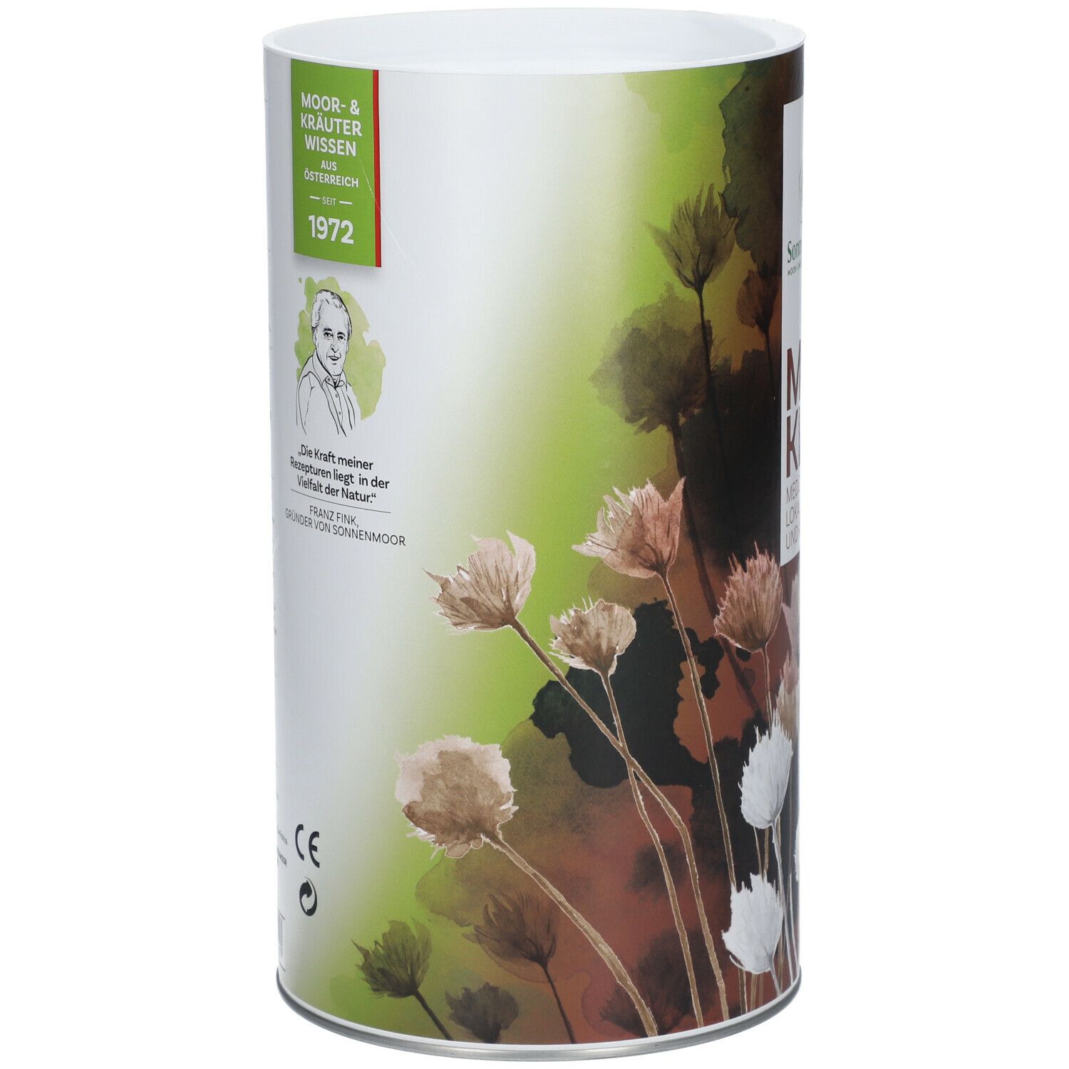 Zylindrische Verpackung mit SonnenMoor Logo. Text: MOOR & KRÄUTER WISSEN aus Österreich. Abbildung von Franz SonnenMoor.